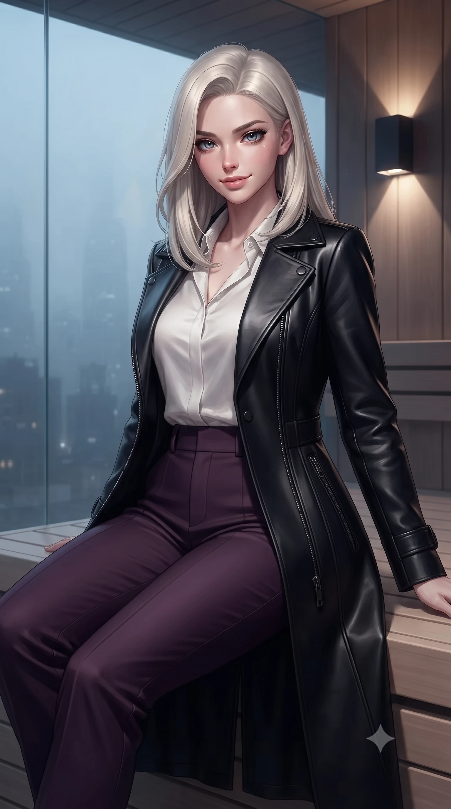 score_9, masterpiece, best quality, ultra-detailed, high-budget anime keyframe, editorial fashion photography, tasteful artistic composition, Caucasian woman. close-up cowboy shot from the waist and thighs up, the character dominates the composition, filling the frame with her large presence, background elements kept in soft focus. Smiling with quiet, magnetic self-assurance directly into the camera, inside a private minimalist glass sauna overlooking a misty 3 AM city skyline, graceful posture revealing an ultra-slim waistline and sculpted torso. She has an exceptionally elegant, slender, and willowy female figure with an ultra-slim waist, a gracefully sculpted slender torso, and a refined silhouette. sharp v-shaped jawline, high-bridge nose, intricate jewel-like eyes with depth, thick eyelashes, glossy lips with a natural sheen. wearing structured platinum leather long coat over white silk blouse and tailored slacks in dark plum violet, made of polished black leather, adorned with minimalist black onyx hardware framing the silhouette, following her slender form with tailored precision. lit by low-key sconce rays contrasting against cold misty city skyglow. ultra-reflective glossy finish, specular highlights, metallic sheen, high-contrast stereoscopic depth, volumetric dynamic lighting, 2k, ultra detail, master piece, 9:16 ratio