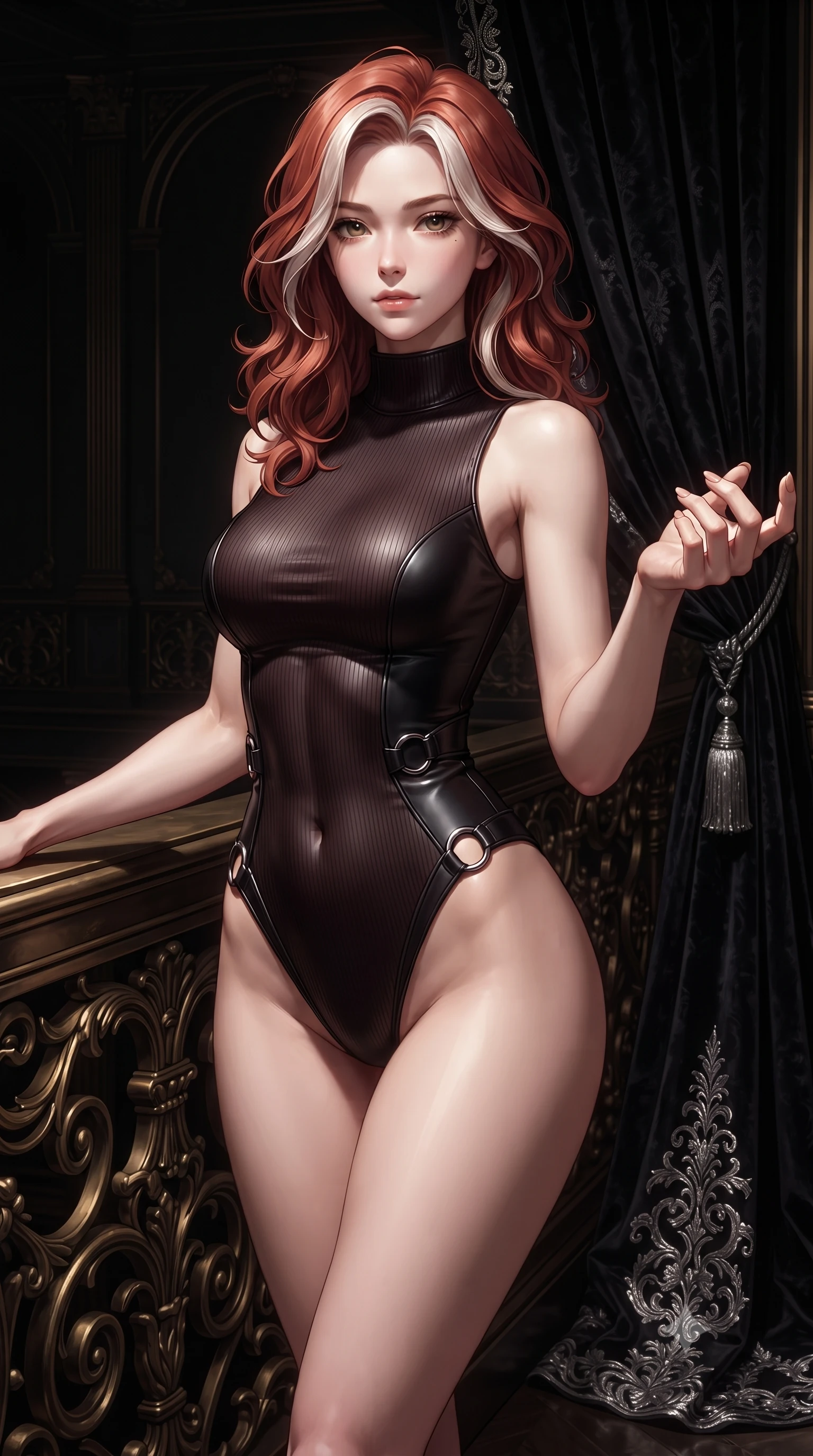 score_9, masterpiece, best quality, ultra-detailed, high-budget anime keyframe, editorial fashion photography, tasteful artistic composition, Caucasian woman. close-up cowboy shot from the waist and thighs up, the character dominates the composition, filling the frame with her large presence, background elements kept in soft focus. Reaching one hand toward the viewer with relaxed dark elegance, leaning against an ornate dark gold balustrade overlooking a shadowy hall, heavy black velvet drapery with silver embroidery falling to the floor. She has an exceptionally elegant, slender, and willowy female figure with an ultra-slim waist, a gracefully sculpted slender torso, and a refined silhouette. sharp v-shaped jawline, high-bridge nose, intricate jewel-like eyes with depth, thick eyelashes, glossy lips with a natural sheen. wearing sleek high-neck ribbed activewear bodysuit in matte black in dark mahogany, made of polished black leather, trimmed with dark chrome ring hardware along the waist contours, accentuating her gracefully sculpted slender torso. surrounded by high-contrast baroque chiaroscuro with sharp rim highlights. highly saturated vibrant anime colors, detailed shading with soft gradients, rich glossy textures, high-contrast stereoscopic depth, volumetric dynamic lighting, master piece, 9:16 ratio