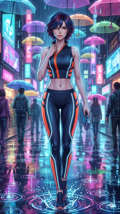 score_9, masterpiece, best quality, ultra-detailed, high-budget anime keyframe, Korean woman. upper body close-up from the thighs up, character filling the screen for maximum presence. navigating a wet neon-lit future street under colorful floating u