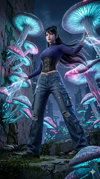 score_9, masterpiece, best quality, ultra-detailed, semi-realistic 3D game render, high-fidelity textures, Unreal Engine 5 style, Korean woman. Low angle cowboy shot capturing a powerful motion and statuesque presence. manipulating the growth of gian