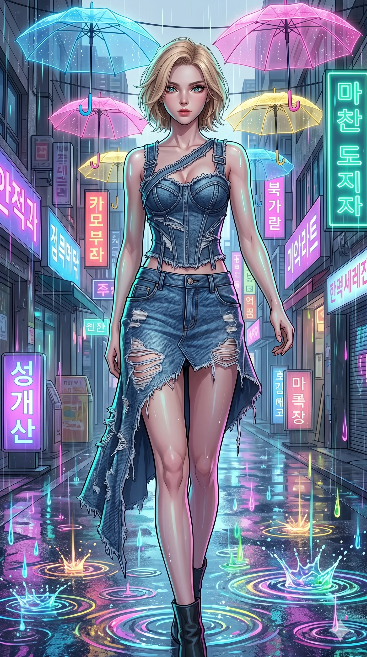score_9, masterpiece, best quality, ultra-detailed, high-budget anime keyframe, Korean woman. upper body close-up from the thighs up, character filling the screen for maximum presence. navigating a wet neon-lit future street under colorful floating umbrellas as translucent neon raindrops fall, creating brilliant splash ripples. She has an absolutely perfect 8-heads proportion, an exceptionally tall and slender female figure with impossibly long slender legs and an ultra-slim waist. V-shaped jawline, high-bridge nose, intricate jewel-like eyes with depth, thick eyelashes, glossy lips with a natural sheen.. wearing a deconstructed denim corset and an asymmetric ripped denim structured mini skirt, showcasing a rugged yet chic off-shoulder style. lit by a soft glowing ambient light and a sharp side key light that traces the sleek contours of her athletic build. 2k, ultra detail, master piece, 9:16 ratio