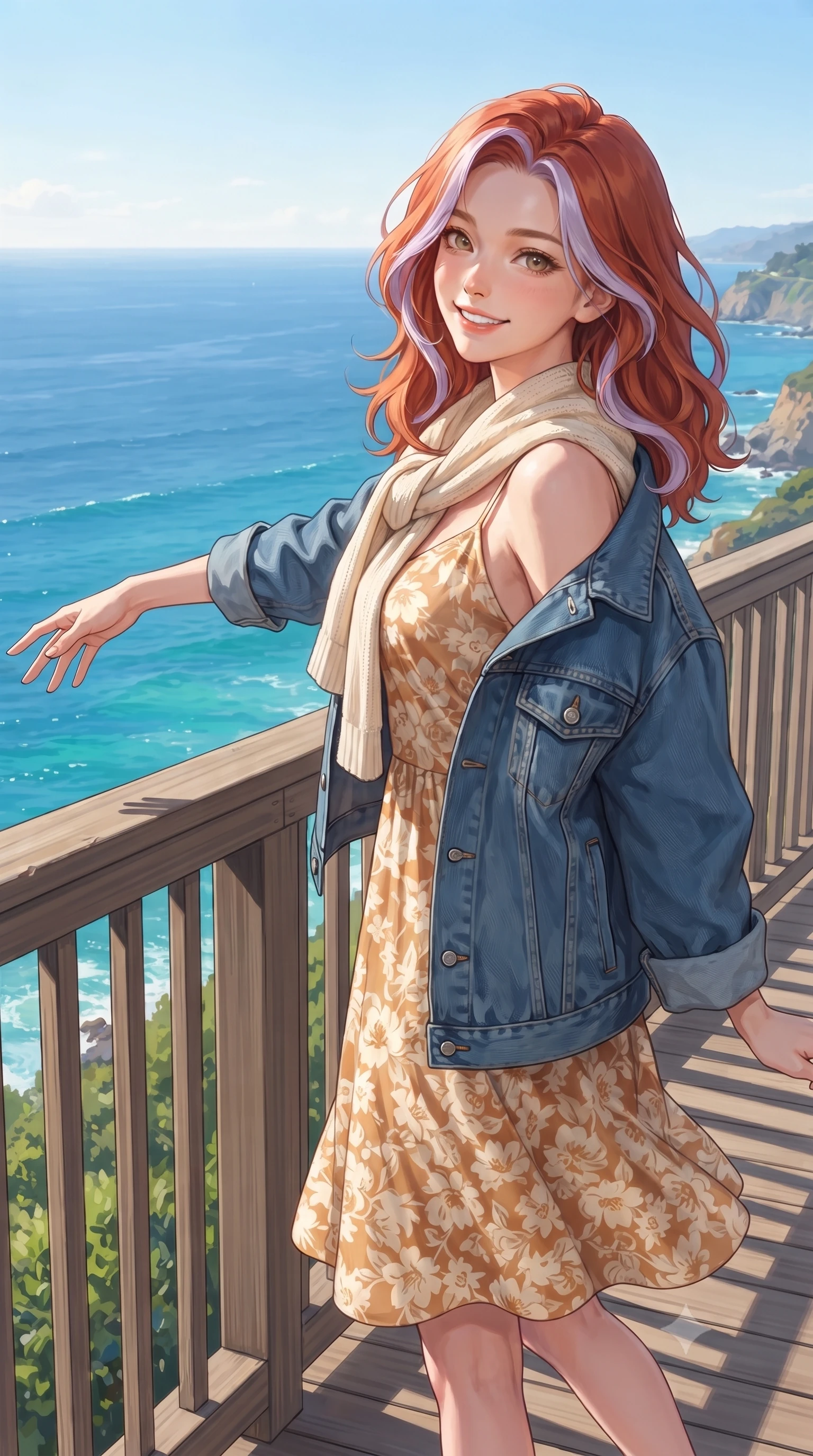 score_9, masterpiece, best quality, ultra-detailed, high-budget anime keyframe, editorial fashion photography, tasteful artistic composition, Caucasian woman. close-up cowboy shot from the waist and thighs up, the character dominates the composition, filling the frame with her large presence. extending one arm gracefully toward the scenery while turning back with an infectious, heartwarming smile while walking cheerfully along a scenic cliffside wooden promenade overlooking a dazzling sapphire and turquoise ocean. The surrounding environment is rendered in vivid detail and crisp panoramic clarity. vibrant marine chiaroscuro and vast open-sky coastal grandeur rendered with environmental precision. She has an exceptionally elegant, slender, and willowy female figure with an ultra-slim waist, a gracefully sculpted slender torso, toned flat midriff, and a refined slim silhouette. sharp v-shaped jawline, high-bridge nose, intricate jewel-like eyes with depth, thick eyelashes, glossy lips with a natural sheen, pure and lovely fresh girlhood expression, flawlessly proportioned anatomical accuracy, strict slender model proportions, natural body alignment, perfectly sculpted long slender limbs, ultra-slim waistline, clean dynamic posture without body distortion. wearing a classic denim jacket worn lightly over shoulders with a floral print slip dress underneath in warm caramel and cream vanilla, crafted from soft breathable linen that flutters gently in the breeze, finished with a lightweight knitted scarf draped loosely around her neck, the relaxed yet flattering fit accentuating her naturally graceful and slender figure, highlighting her youthful charm and lovely silhouette. illuminated by crisp directional daylight defining her flawless features and slender silhouette. ultra-reflective glossy finish, specular highlights, rich natural textures, high-contrast stereoscopic depth, volumetric dynamic lighting, 2k, ultra detail, master piece, 9:16 ratio
