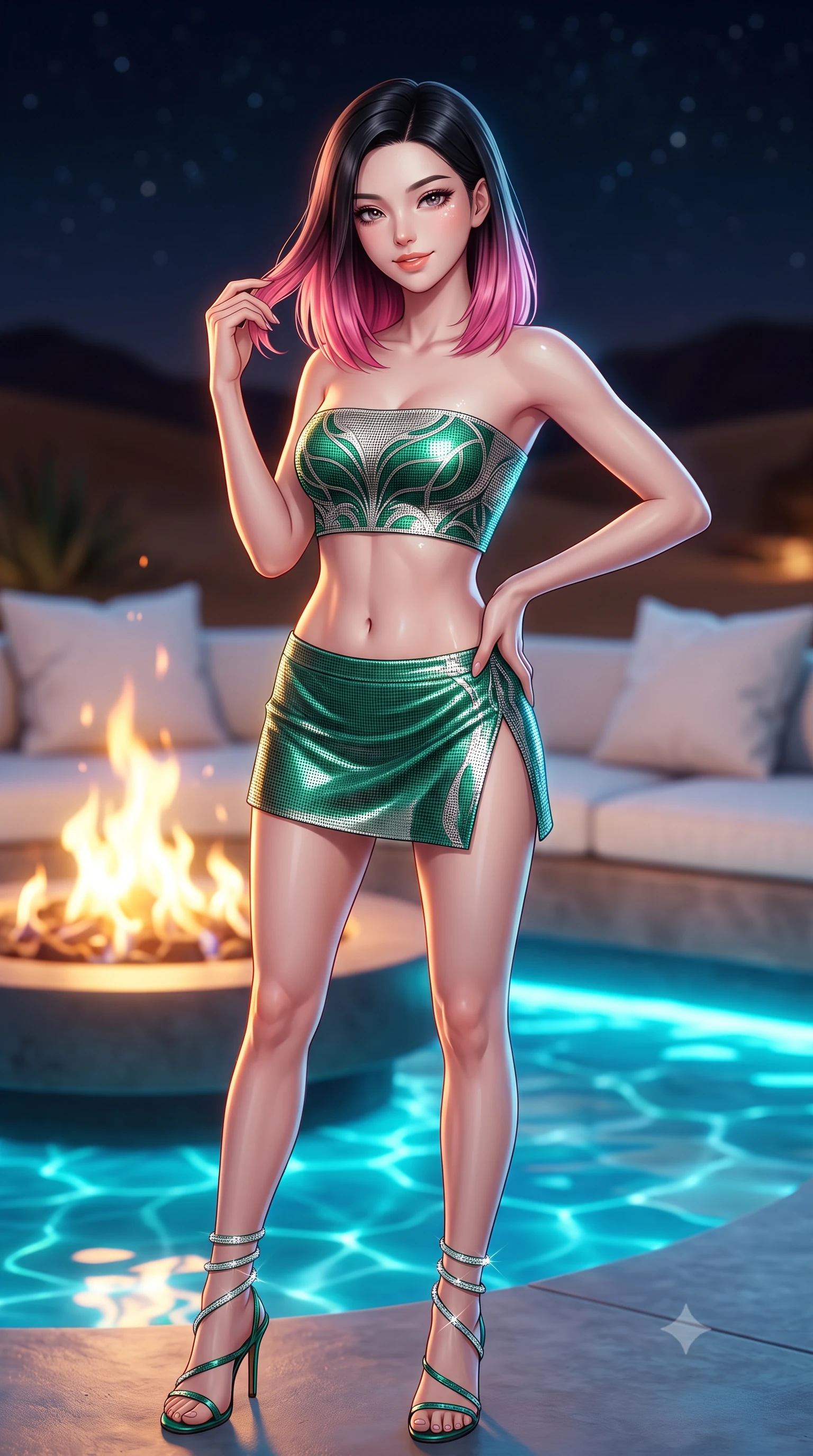score_9, masterpiece, best quality, ultra-detailed, high-budget anime keyframe, semi-realistic 3D game render, editorial fashion photography, tasteful artistic composition, Korean woman. close-up cowboy shot from the waist and thighs up, the character dominates the composition, filling the frame with her large presence. twisting her slender torso in an alluring contrapposto stance, one hand resting on her sculpted hip while her fingers toy with her hair with effortless poise while twisting her slender torso in an alluring contrapposto stance, glowing firelight and pool caustics wrapping around her narrow waist and hips. The background shows a soft-focus white outdoor linen cushions softened in ultra-exclusive desert retreat shallow focus. She has an exceptionally elegant, slender, and willowy female figure with an ultra-slim waist, flat toned midriff, narrow ribcage, and sculpted feminine hips creating an alluring, slim hourglass silhouette without bulk. sharp v-shaped jawline, high-bridge nose, intricate jewel-like sparkling eyes with depth, thick eyelashes, glossy parted lips with a natural peach sheen, bright cheerful beaming smile with an enchanting and coquettish sensual glint, exuding both youthful cute charm and seductive allure, flawlessly proportioned anatomical accuracy, strict slender model proportions, natural body alignment, perfectly sculpted long slender limbs, ultra-slim waistline, clean dynamic posture without body distortion. wearing an ultra-cropped fitted bandeau top paired with a micro mini tennis skirt revealing her flat midriff in Art Nouveau malachite green and antique starlight silver, crafted from stretch micro-mesh with liquid foil coating that shimmers with every movement, complemented by strappy stiletto sandals with crystal ankle wraps accentuating her slender calves, the high-slit wrap tailoring accentuating her ultra-slim waistline and the enchanting curve of her feminine hips with alluring seductive charm. bathed in the warm radiant 2100K hearth glow of dancing gas flames contrasted with cool desert starlight and pool LEDs. highly saturated vibrant anime colors, detailed shading with soft gradients, rich glossy textures, high-contrast stereoscopic depth, volumetric dynamic lighting, master piece, 9:16 ratio