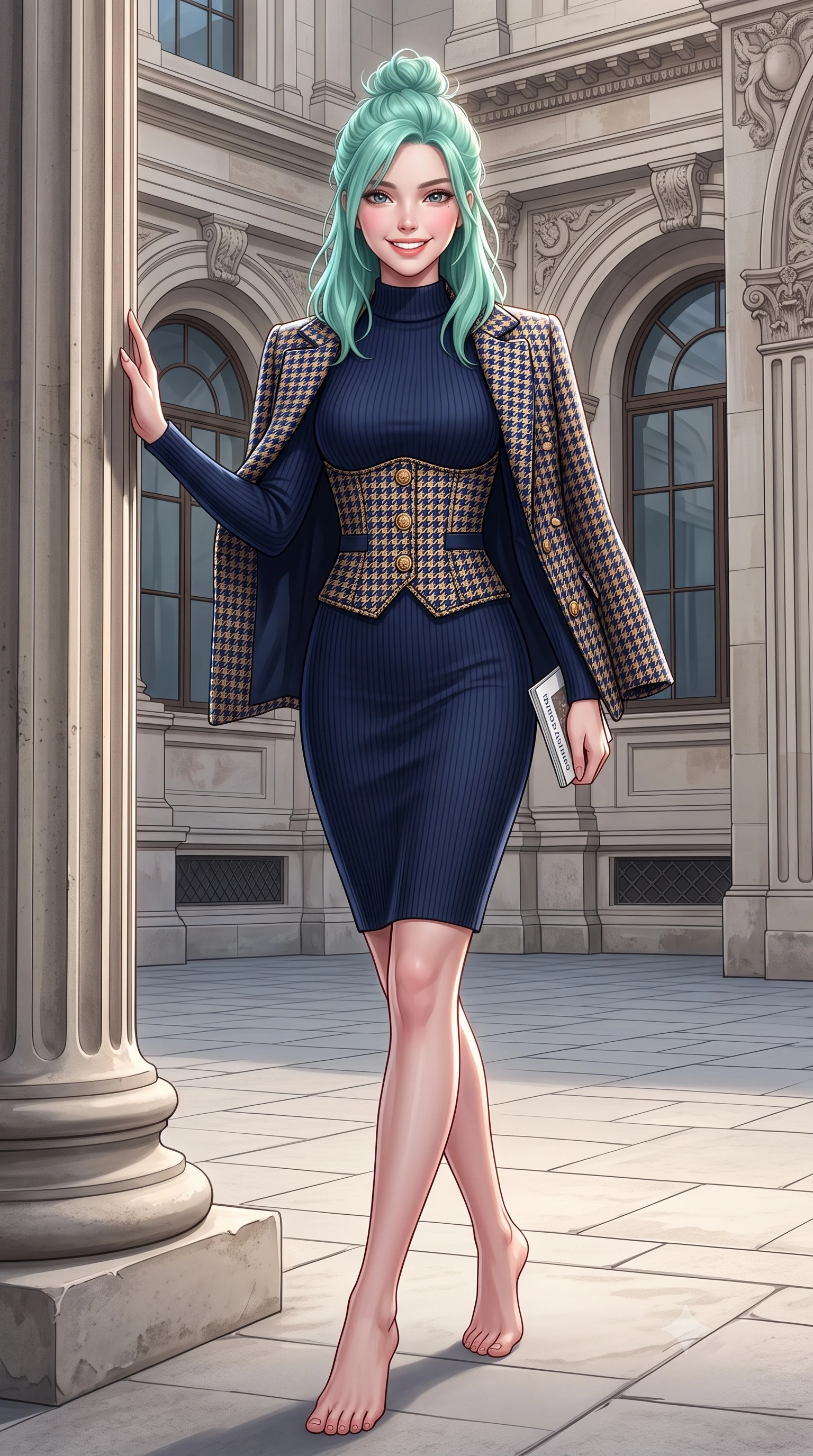 score_9, masterpiece, best quality, ultra-detailed, high-budget anime keyframe, semi-realistic 3D game render, editorial fashion photography, tasteful artistic composition, Japanese woman. low angle full-body shot from head to toe showing her feet, filling the entire 9:16 vertical frame with her statuesque presence, stretching her vertical silhouette. stepping forward gracefully in mid-motion with a radiant beaming smile, hips swaying with supermodel rhythm as her vertical silhouette fills the frame while leaning lightly against the fluted Portland stone Corinthian column, one hand holding an exhibition catalog with refined poise. The surrounding environment is rendered in vivid detail and crisp panoramic clarity: detailed houndstooth tweed jacket weave, gold embossed coin buttons, and monumental British architecture in high resolution. She has an exceptionally tall and slender model-like 8.5-heads proportion, an ultra-slim waist, a flat toned midriff, narrow delicate ribcage, and beautifully sculpted feminine hips creating a graceful, slim hourglass silhouette without any bulky heaviness, with impossibly long slender legs. sharp v-shaped jawline, high-bridge nose, intricate jewel-like sparkling eyes with depth, thick eyelashes, glossy parted lips with a natural peach sheen, bright cheerful beaming smile with an enchanting and coquettish sensual glint, exuding both youthful cute charm and seductive allure, flawlessly proportioned anatomical accuracy, strict slender model proportions, natural body alignment, perfectly sculpted long slender limbs, ultra-slim waistline, clean dynamic posture without body distortion. wearing a form-contouring ribbed cashmere mock-neck knit bodycon dress clinging like a second skin, paired with a tailored tweed waist cincher in Ginza vintage brass gold and midnight navy, tailored from premium double-knit ponte with sleek sculpting hold and smooth contours, finished with a narrow velvet neck ribbon and a sparkling teardrop crystal pendant, the body-conscious tailored knit hugging her sculpted torso and curvaceous hips in a seamless, fluid line that highlights her statuesque model proportions. illuminated by pale stone reflection bounce and sharp platinum rim lights sculpting her jawline, narrow waist, and statuesque proportions. highly saturated vibrant anime colors, detailed shading with soft gradients, rich glossy textures, high-contrast stereoscopic depth, volumetric dynamic lighting, master piece, 9:16 ratio