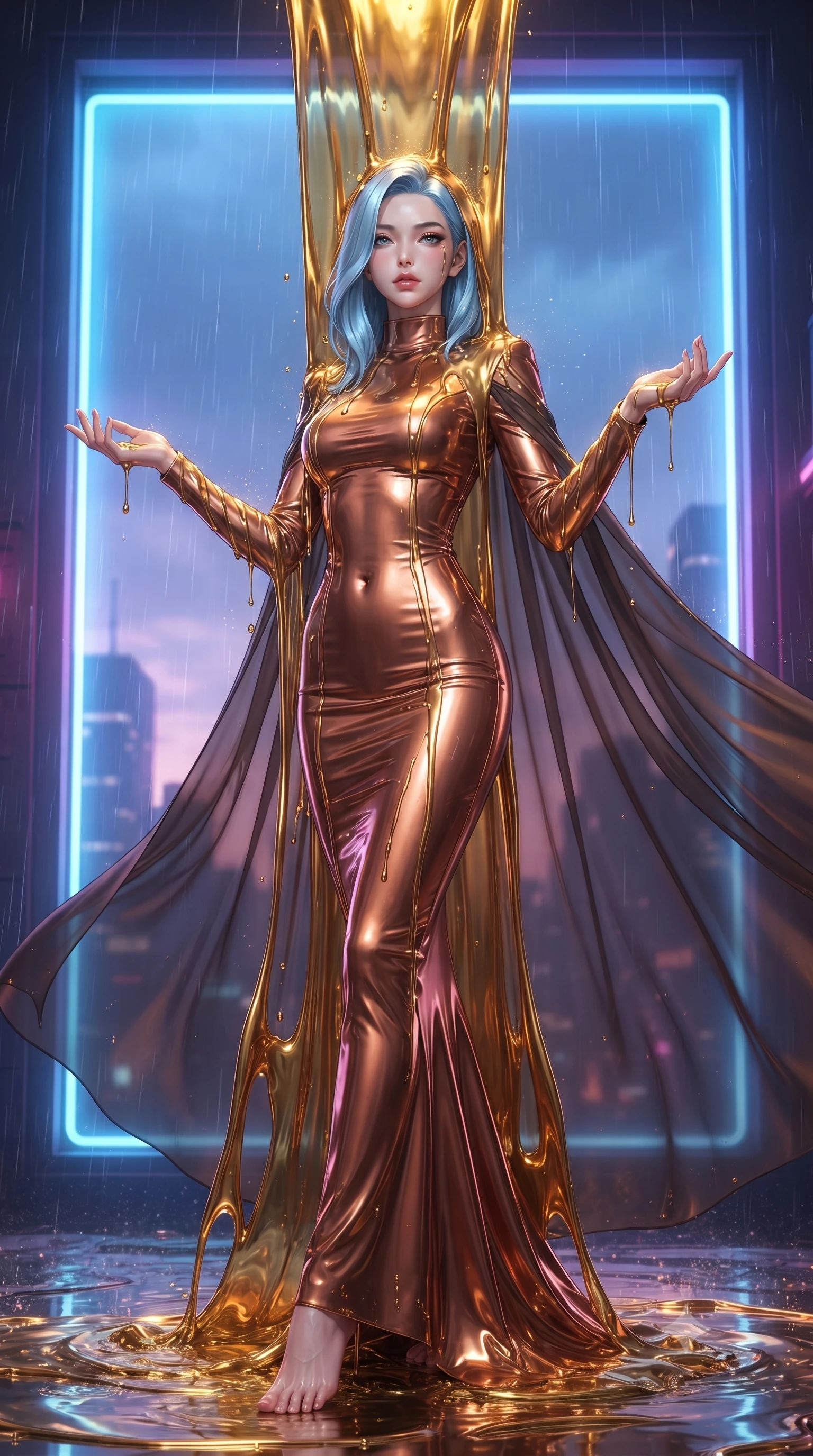 score_9, masterpiece, best quality, ultra-detailed, High-budget Anime Keyframe, editorial fashion photography, tasteful artistic composition, realistic cosplay photography, East Asian woman. Dynamic full-body shot stretching the vertical silhouette to the limit. Scenario 492: standing under a waterfall of liquid gold, the fluid coating her form, in a glowing neon window at twilight with soft rain falling. Her presence is magnetic and overpowering in this high-budget cinematic scene. Outfit 492: a slim-fit metallic copper patent leather gown draped with a semi-transparent chiffon cape. The clothing is designed to emphasize her exceptionally tall and slender 8-heads proportion. 8-heads proportion, towering silhouette, ultra-slim waist. sharp v-shaped jawline, intricate jewel-like eyes with depth, thick eyelashes, glossy lips. ultra-reflective glossy finish, specular highlights, metallic sheen, high-contrast stereoscopic depth, volumetric dynamic lighting, 2k, ultra detail, master piece, 9:16 ratio
