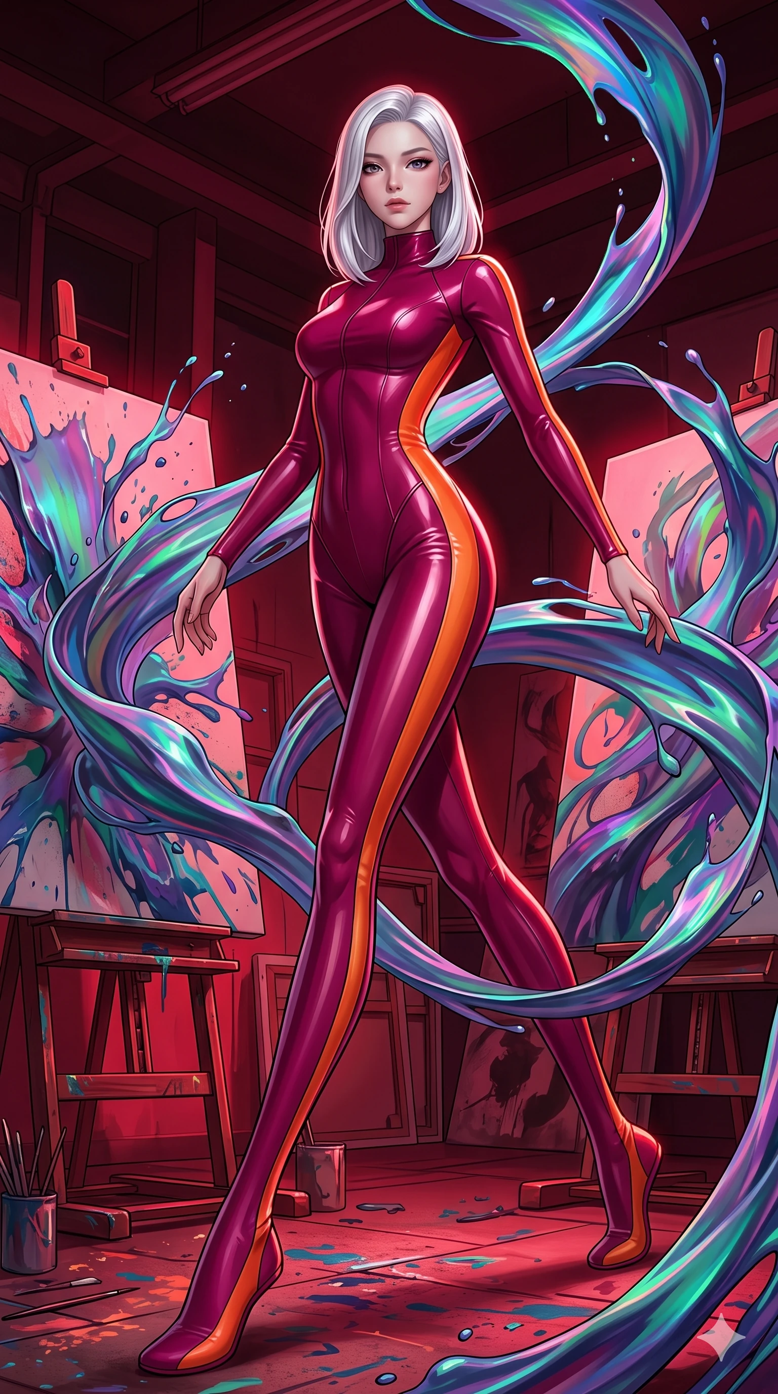 score_9, masterpiece, best quality, ultra-detailed, high-budget anime keyframe, editorial fashion photography, tasteful artistic composition, Korean woman. low angle full-body shot from head to toe showing her feet, filling the entire 9:16 vertical frame with her statuesque presence, stretching her vertical silhouette. navigating with fluid motion through an artist's studio where aurora-colored paint spontaneously erupts from canvases and floats in swirling ribbons through the air creating three-dimensional abstract paintings in space. She has a statuesque 8.5-heads proportion, an exceptionally tall, slender and willowy model-like build with impossibly long legs and a highly sculpted ultra-slim waist. sharp v-shaped jawline, high-bridge nose, intricate jewel-like eyes with depth, thick eyelashes, glossy lips with a natural sheen. wearing a sleek form-contouring jumpsuit in deep magenta with a high neckline, accented by bright tangerine orange side panels that highlight her slim torso. deep crimson theatrical lighting with sharp specular highlights on every curve. 2k, ultra detail, master piece, 9:16 ratio
