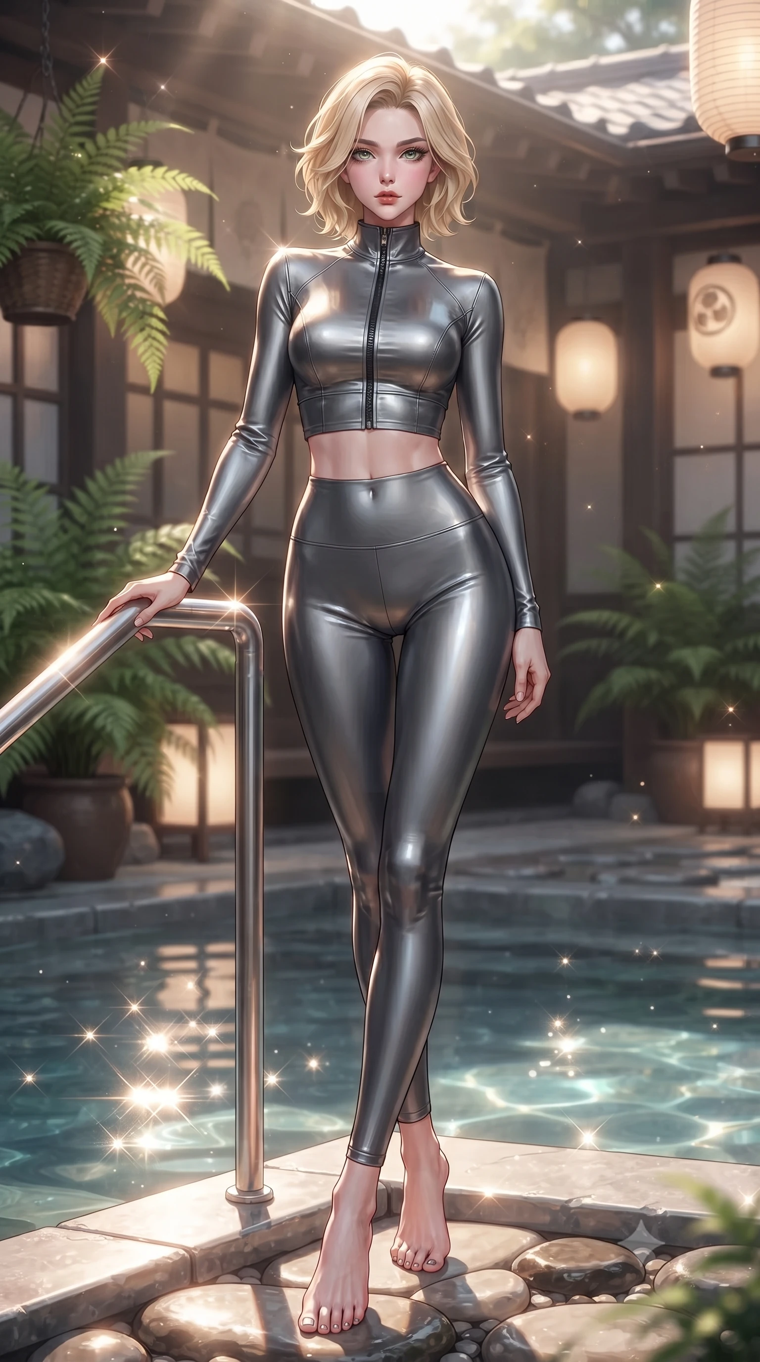 score_9, masterpiece, best quality, ultra-detailed, high-budget anime keyframe, editorial fashion photography, tasteful artistic composition, Caucasian woman. low angle full-body shot from head to toe showing her feet, filling the entire 9:16 vertical frame with her statuesque presence, stretching her vertical silhouette. standing in a tall, confident posture with one hand on a glowing metal railing, stretching her statuesque body, the background shows a soft-focus a bath house veranda decorated with potted ferns and paper lanterns. She has an absolutely perfect, statuesque 8.5-heads proportion, an exceptionally tall and slender model-like female figure with impossibly long slender legs and an ultra-slim waist. sharp v-shaped jawline, high-bridge nose, intricate jewel-like eyes with depth, thick eyelashes, glossy lips with a natural sheen. wearing a tailored body-hugging high-neck activewear set of a zipped long-sleeve crop top and matching leggings in carbon-grey. bright morning sun rays creating sparkling glints on the hot pool water. ultra-reflective glossy finish, specular highlights, metallic sheen, high-contrast stereoscopic depth, volumetric dynamic lighting, 2k, ultra detail, master piece, 9:16 ratio