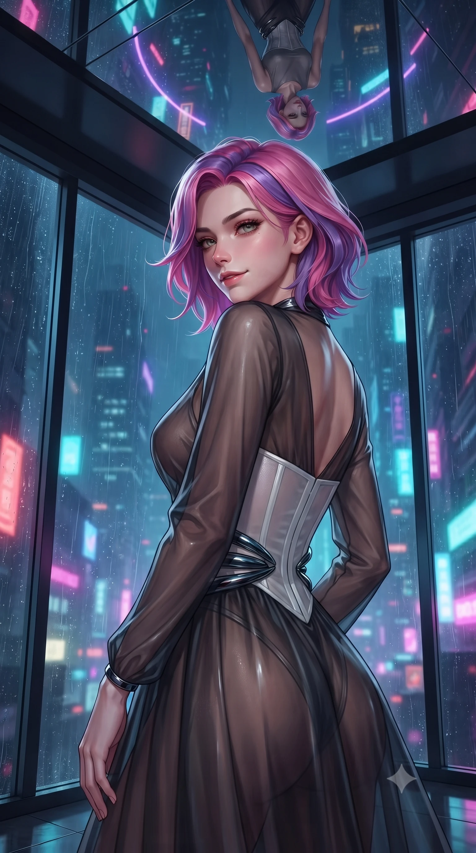 score_9, masterpiece, best quality, ultra-detailed, high-budget anime keyframe, editorial fashion photography, tasteful artistic composition, Caucasian woman. close-up cowboy shot from the waist and thighs up, the character dominates the composition, filling the frame with her large presence, background elements kept in soft focus. Glancing sidelong over her shoulder with a smoldering, enigmatic half-smile, poised near a rain-streaked panoramic window looking out over a neon metropolis, mirror ceiling reflecting her statuesque figure and neon arcs in high resolution. She has an exceptionally elegant, slender, and willowy female figure with an ultra-slim waist, a gracefully sculpted slender torso, and a refined silhouette. sharp v-shaped jawline, high-bridge nose, intricate jewel-like eyes with depth, thick eyelashes, glossy lips with a natural sheen. wearing semi-opaque sheer dark chiffon gown revealing structured corset silhouette in pearl white, made of liquid dark mercury jersey, accented with sculpted obsidian chrome rings at the waist, accentuating her gracefully sculpted slender torso. lit by piercing key rays emerging from deep futuristic shadows. highly saturated vibrant anime colors, detailed shading with soft gradients, rich glossy textures, high-contrast stereoscopic depth, volumetric dynamic lighting, master piece, 9:16 ratio