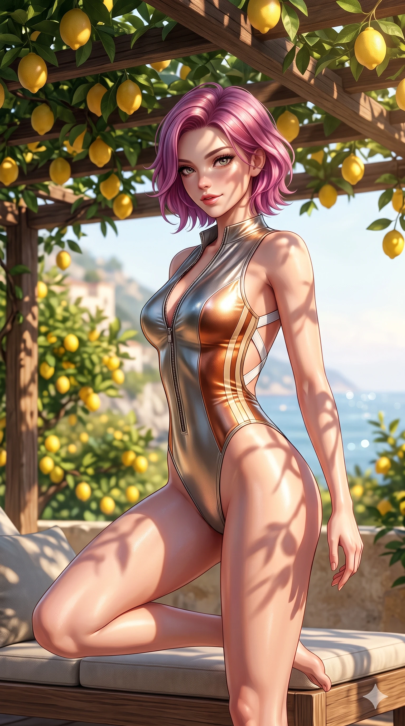 score_9, masterpiece, best quality, ultra-detailed, high-budget anime keyframe, semi-realistic 3D game render, editorial fashion photography, tasteful artistic composition, Caucasian woman. close-up cowboy shot from the waist and thighs up, the character dominates the composition, filling the frame with her large presence. perched sideways on the lounge seat, one knee drawn up to showcase her slender leg line while her arched back accentuates her feminine hip curve while standing in a tall, confident posture beneath the rustic wooden pergola laden with fragrant ripe yellow lemons, stretching her statuesque body. The background shows a soft-focus Amalfi cliffside villa atmosphere softened in fragrant lemon grove shallow focus. She has an exceptionally elegant, slender, and willowy female figure with an ultra-slim waist, flat toned midriff, narrow ribcage, and sculpted feminine hips creating an alluring, slim hourglass silhouette without bulk. sharp v-shaped jawline, high-bridge nose, sparkling eyes with hypnotic seductive depth, thick curled eyelashes, glossy parted lips with a natural dewy peach sheen, alluring bedroom-eyes with an enchanting coquettish smile, exuding magnetic siren charisma and sophisticated glamour, flawlessly proportioned anatomical accuracy, strict slender model proportions, natural body alignment, perfectly sculpted long slender limbs, ultra-slim waistline, clean dynamic posture without body distortion. wearing a form-contouring wet-look neoprene zip-front surfing bodysuit with high-cut leg openings and racing side stripes in molten metallic copper and radiant beach sand, crafted from luxurious metallic lamé that shifts radiance with every step, featuring an open-back criss-cross harness strap in white leather, the form-contouring cut accentuating her sculpted flat midriff, narrow delicate ribcage, and gracefully curvy hips with intoxicating allure. bathed in warm 2900K afternoon sunbeams filtering through dense green lemon foliage creating intricate organic shadow patterns. highly saturated vibrant anime colors, detailed shading with soft gradients, rich glossy textures, high-contrast stereoscopic depth, volumetric dynamic lighting, master piece, 9:16 ratio