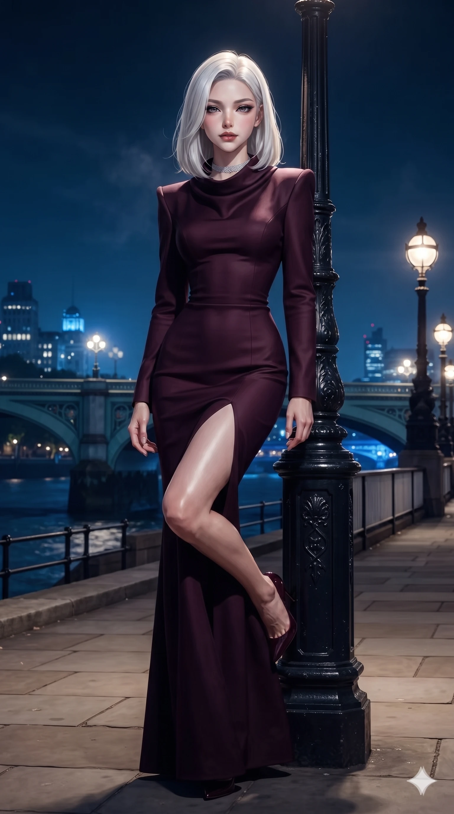score_9, masterpiece, best quality, ultra-detailed, high-budget anime keyframe, editorial fashion photography, tasteful artistic composition, Korean woman. low angle full-body shot from head to toe showing her feet, filling the entire 9:16 vertical frame with her statuesque presence, stretching her vertical silhouette. stepping slowly toward the camera with hypnotic grace, hips swaying in an alluring sensual rhythm that accentuates her curvy hourglass silhouette and long slender legs while leaning against the historic cast-iron lamppost with one knee bent, night mist drifting through her hair as her dark outfit traces her feminine curves. The surrounding environment is rendered in vivid detail and crisp panoramic clarity: detailed tailored bodice tailoring, fine leather grain on trousers, and London embankment architecture in razor-sharp precision. She has an exceptionally tall and slender model-like 8.5-heads proportion, an ultra-slim waist, a flat toned midriff, narrow delicate ribcage, and beautifully sculpted feminine hips creating a graceful, slim hourglass silhouette without any bulky heaviness, with impossibly long slender legs. sharp v-shaped jawline, high-bridge nose, intricate jewel-like dark sparkling eyes with dangerous depth, thick curled eyelashes, glossy parted lips with a rich wine sheen, smoldering seductive half-smile with bedroom-eyes, exuding effortless superiority and intoxicating dark allure, flawlessly proportioned anatomical accuracy, strict slender model proportions, natural body alignment, perfectly sculpted long slender limbs, ultra-slim waistline, clean dynamic posture without body distortion. wearing a bespoke architectural wool-crepe column gown with high cowl neck and sharp structured shoulders in dark mulberry wine and antique champagne, tailored from fine lightweight midnight wool crepe with crisp architectural structure, finished with a delicate diamond choker catching the chandelier light, the bespoke structured tailoring following the natural line of her 8.5-heads silhouette with refined elegance. bathed in cool ethereal cobalt bridge floodlights and warm golden promenade streetlights. ultra-reflective glossy finish, specular highlights, rich textural contrasts, high-contrast stereoscopic depth, volumetric dynamic lighting, 2k, ultra detail, master piece, 9:16 ratio