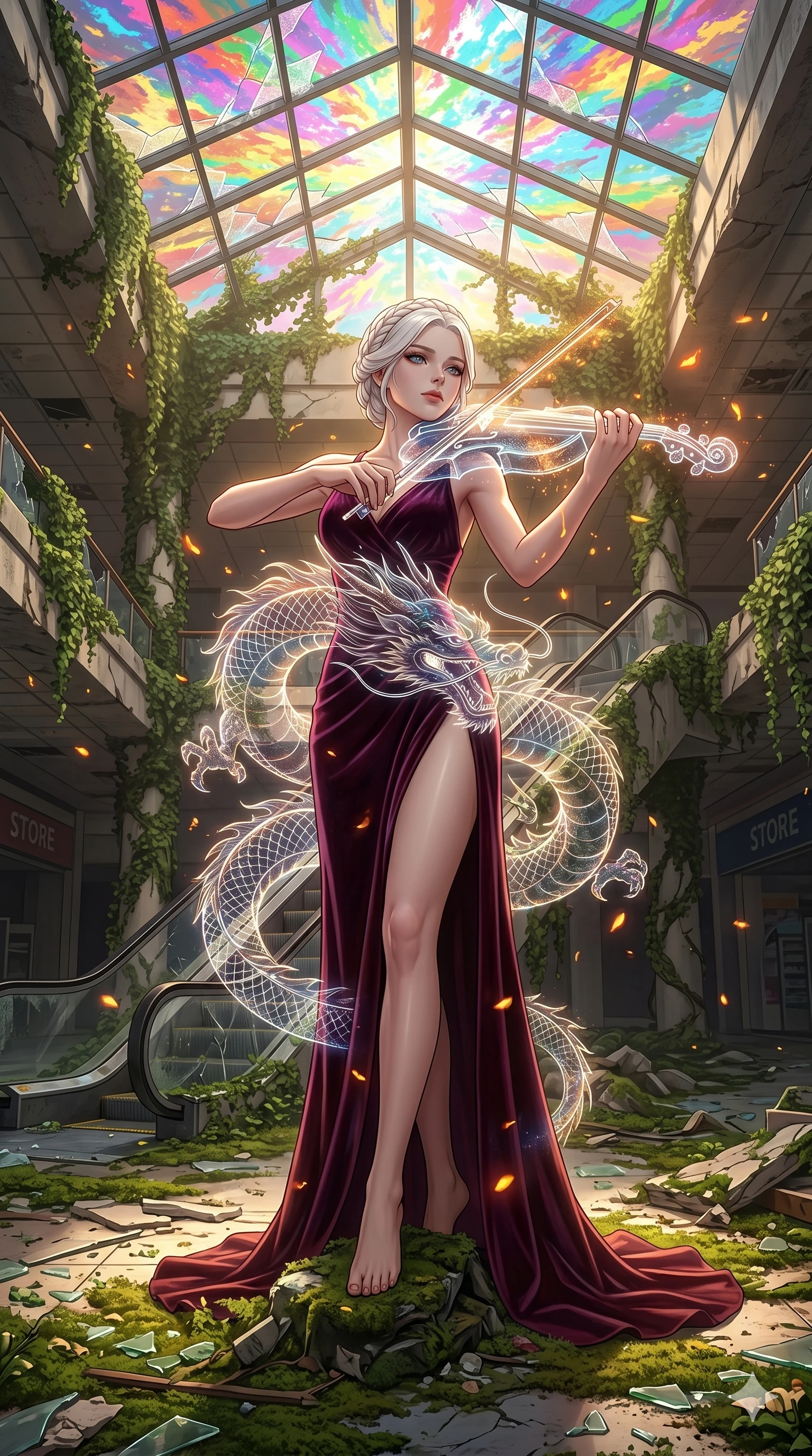 score_9, masterpiece, best quality, ultra-detailed, Set A: High-budget Anime Keyframe, Japanese woman. Upper body close-up from the thighs up, character filling the screen for maximum presence. Theme: Ethereal Dream. playing a holographic violin in a ruined overgrown shopping mall, with a look of serene power as the sky splits into 188 colors. The atmosphere is filled with golden hour with floating embers. She has an absolutely perfect 8-heads proportion, an exceptionally tall and slender female figure with impossibly long slender legs and an ultra-slim waist. Sharp v-shaped jawline, high-bridge nose, intricate jewel-like eyes with depth, glossy lips. Wearing High-slit velvet gown with integrated holographic projection of a dragon. Cinematic lighting, vivid colors, dramatic shadows, 2k, ultra detail, master piece, 9:16 ratio