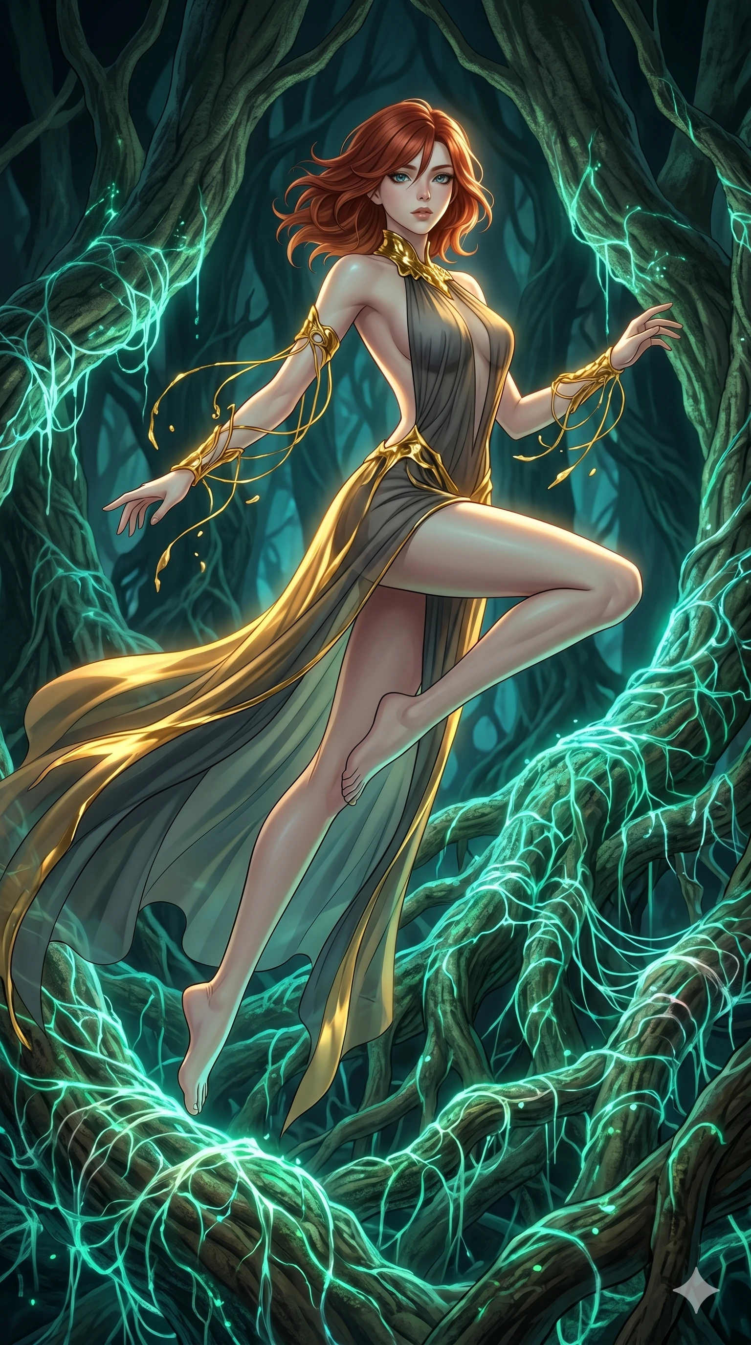 score_9, masterpiece, best quality, ultra-detailed, high-budget anime keyframe, Japanese woman. low angle full-body shot filling the entire 9:16 frame with her statuesque presence, stretching the vertical silhouette. jumping amidst giant ancient tree roots wrapped in trillions of glowing mycelium threads pulsing with emerald and opal light. She has an absolutely perfect 8-heads proportion, an exceptionally tall and slender female figure with impossibly long slender legs and an ultra-slim waist. V-shaped jawline, high-bridge nose, intricate jewel-like eyes with depth, thick eyelashes, glossy lips with a natural sheen.. wearing a molten gold and chiffon gown, featuring organic liquid gold collar and cuffs on a translucent charcoal-gray halter neck chiffon gown with a deep backless design. showcasing a beautiful play of light and shadow, with warm golden rays clashing against cool cyan highlights. 2k, ultra detail, master piece, 9:16 ratio