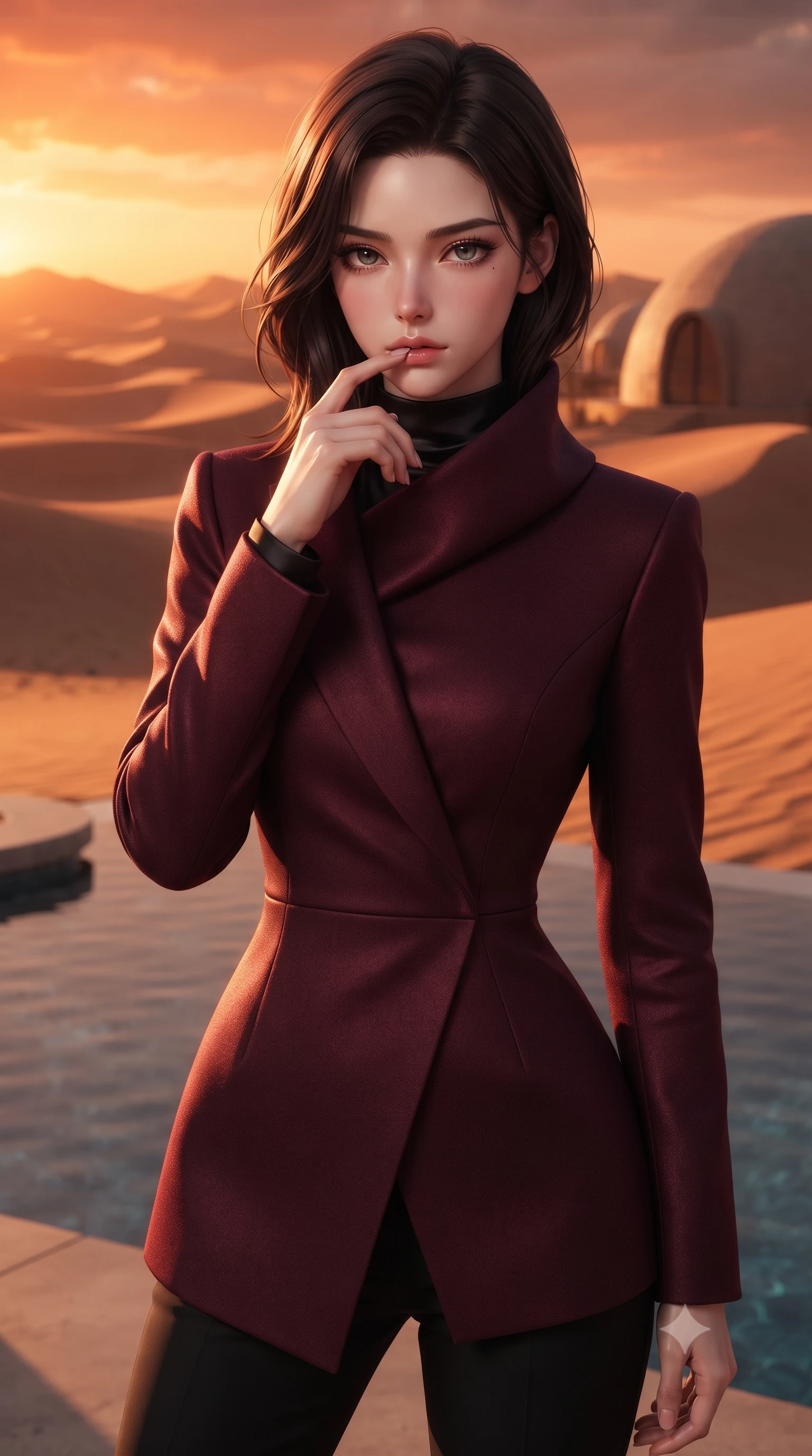 score_9, masterpiece, best quality, ultra-detailed, high-budget anime keyframe, editorial fashion photography, tasteful artistic composition, Korean woman. close-up cowboy shot from the waist and thighs up, the character dominates the composition, filling the frame with her large presence, background elements kept in soft focus. pressing one finger to her bottom lip in a thoughtful, seductive gesture under the warm sun the background shows a soft-focus an outdoor infinity pool of a luxury desert dome villa overlooking sand dunes. She has an exceptionally elegant, slender, and willowy female figure with an ultra-slim waist, a gracefully sculpted slender torso, and a refined silhouette. sharp v-shaped jawline, high-bridge nose, intricate jewel-like eyes with depth, thick eyelashes, glossy lips with a natural sheen. wearing a tailored tailored asymmetric jacket in deep burgundy wool with a high wrap collar, over a black silk mock-neck blouse. the dramatic orange glow of a desert sunset casting long shadows of the dome. ultra-reflective glossy finish, specular highlights, metallic sheen, high-contrast stereoscopic depth, volumetric dynamic lighting, 2k, ultra detail, master piece, 9:16 ratio