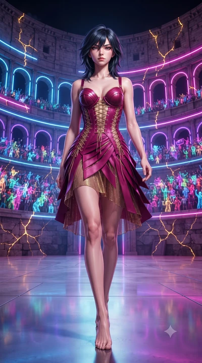 score_9, masterpiece, best quality, ultra-detailed, high-budget anime keyframe, editorial fashion photography, tasteful artistic composition, Caucasian woman, strictly human ears. low angle full-body shot from head to toe showing her feet, filling th