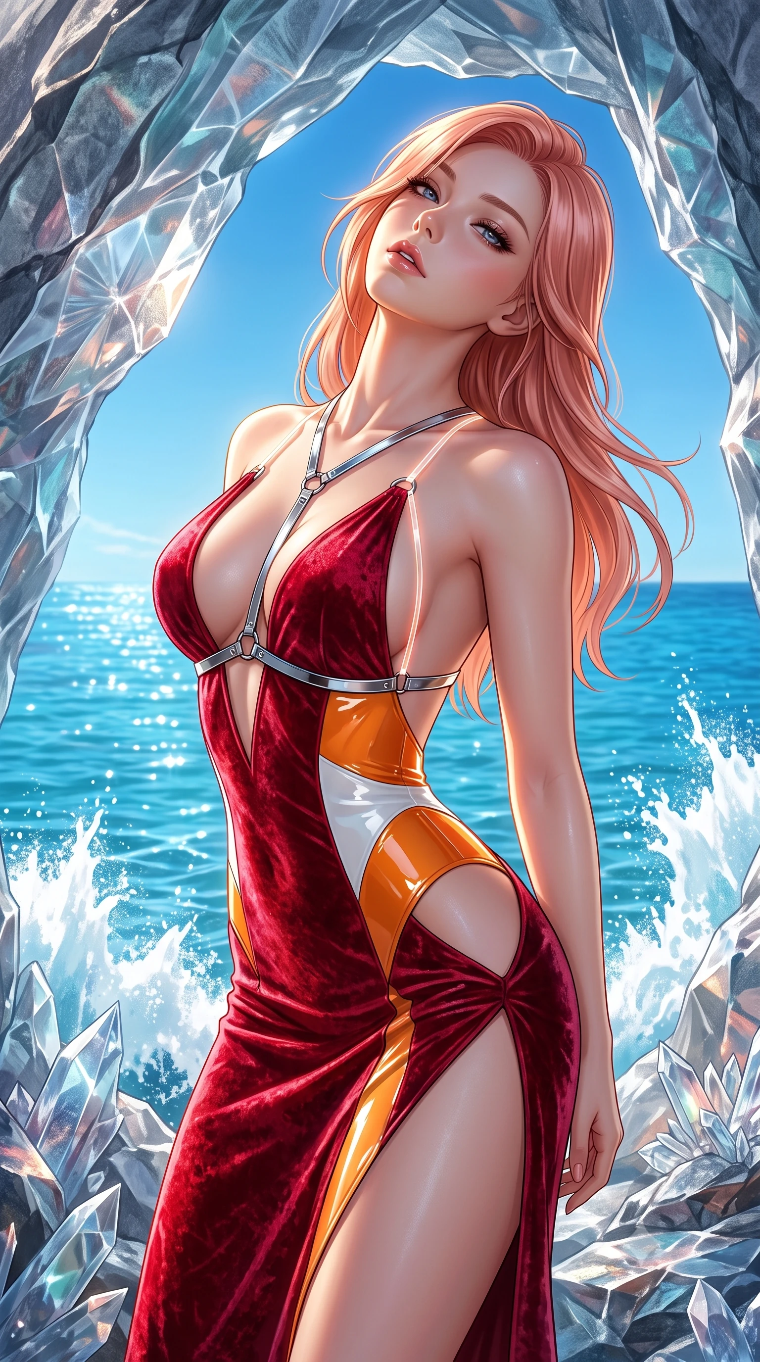 score_9, masterpiece, best quality, ultra-detailed, high-budget anime keyframe, semi-realistic 3D game render, editorial fashion photography, tasteful artistic composition, Japanese woman. close-up cowboy shot from the waist and thighs up, the character dominates the composition, filling the frame with her large presence. tilting her head back with a sensual alluring expression, exposing her throat and shoulders to the camera with heavy lashes and softly parted glossy lips while arching her back in a fluid motion beneath a translucent crystal sea arch with the sparkling lagoon stretching behind. The surrounding environment is rendered in vivid detail and crisp panoramic clarity. sharp splashing sea foam crests, translucent crystal rock facets, and clear azure sky in panoramic clarity. She has an exceptionally elegant, slender, and willowy female figure with an ultra-slim waist, a gracefully sculpted slender torso, toned flat midriff, and a refined slim silhouette. sharp v-shaped jawline, high-bridge nose, intricate jewel-like eyes with depth, thick eyelashes, glossy lips with a natural sheen, flawlessly proportioned anatomical accuracy, strict slender model proportions, natural body alignment, perfectly sculpted long slender limbs, ultra-slim waistline, clean dynamic posture without body distortion. wearing a backless crimson crushed velvet gown with a deep plunging V-neckline, strategic hip cutouts, and an ultra-high thigh slit in vivid sunset amber orange and cloud white, formed from high-gloss patent material with specular light reflections, reinforced by a sleek metallic chrome harness and delicate glowing micro-straps, the glove-like aerodynamic second-skin fit tightly clinging to her ultra-slender waist and athletic curves without adding bulk, accentuating her razor-sharp statuesque lines and slim hourglass silhouette. illuminated by pure sky radiance with crisp golden rim lights accentuating her silhouette. highly saturated vibrant anime colors, detailed shading with soft gradients, rich glossy textures, high-contrast stereoscopic depth, volumetric dynamic lighting, master piece, 9:16 ratio