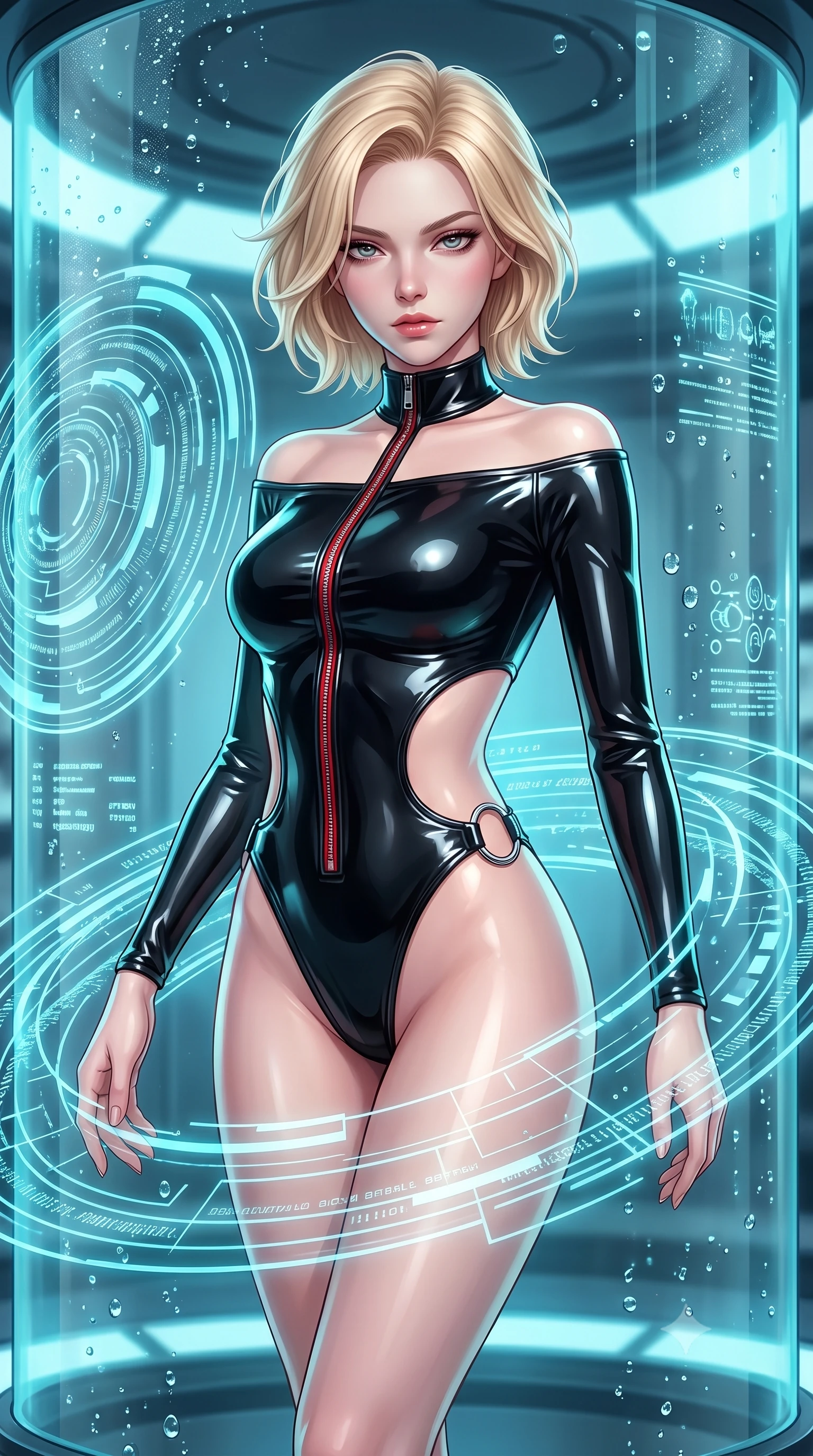 score_9, masterpiece, best quality, ultra-detailed, high-budget anime keyframe, semi-realistic 3D game render, editorial fashion photography, tasteful artistic composition, Caucasian woman. close-up cowboy shot from the waist and thighs up, the character dominates the composition, filling the frame with her large presence. gazing directly into the lens with bedroom eyes and a breathtaking, dangerous allure that commands the entire composition while pivoting dynamically in a pristine high-tech bio-lab as holographic diagnostic rings swirl around her. The surrounding environment is rendered in vivid detail and crisp panoramic clarity. crisp glass chamber curvature, sparkling nano-fluid droplet textures, and glowing diagnostic glyphs in deep focus. She has an exceptionally elegant, slender, and willowy female figure with an ultra-slim waist, a gracefully sculpted slender torso, and a refined silhouette. sharp v-shaped jawline, high-bridge nose, intricate jewel-like eyes with depth, thick eyelashes, glossy lips with a natural sheen, flawlessly proportioned anatomical accuracy, natural body alignment, perfectly sculpted elegant limbs, clean dynamic posture without body distortion. wearing a glossy black second-skin latex bodysuit with high-thigh cuts, exposed clavicle neckline, and gleaming zipper details in glossy obsidian black and radiant crimson red, made of liquid metal jersey that clings flawlessly to every contour of her build, detailed with polished silver rings connecting the daring side-waist cutouts, the sleek aerodynamic cut emphasizing her magnetic presence and alluring physical grace. illuminated by cool cyan diagnostic holograms and crisp specular highlights on glass. highly saturated vibrant anime colors, detailed shading with soft gradients, rich glossy textures, high-contrast stereoscopic depth, volumetric dynamic lighting, master piece, 9:16 ratio