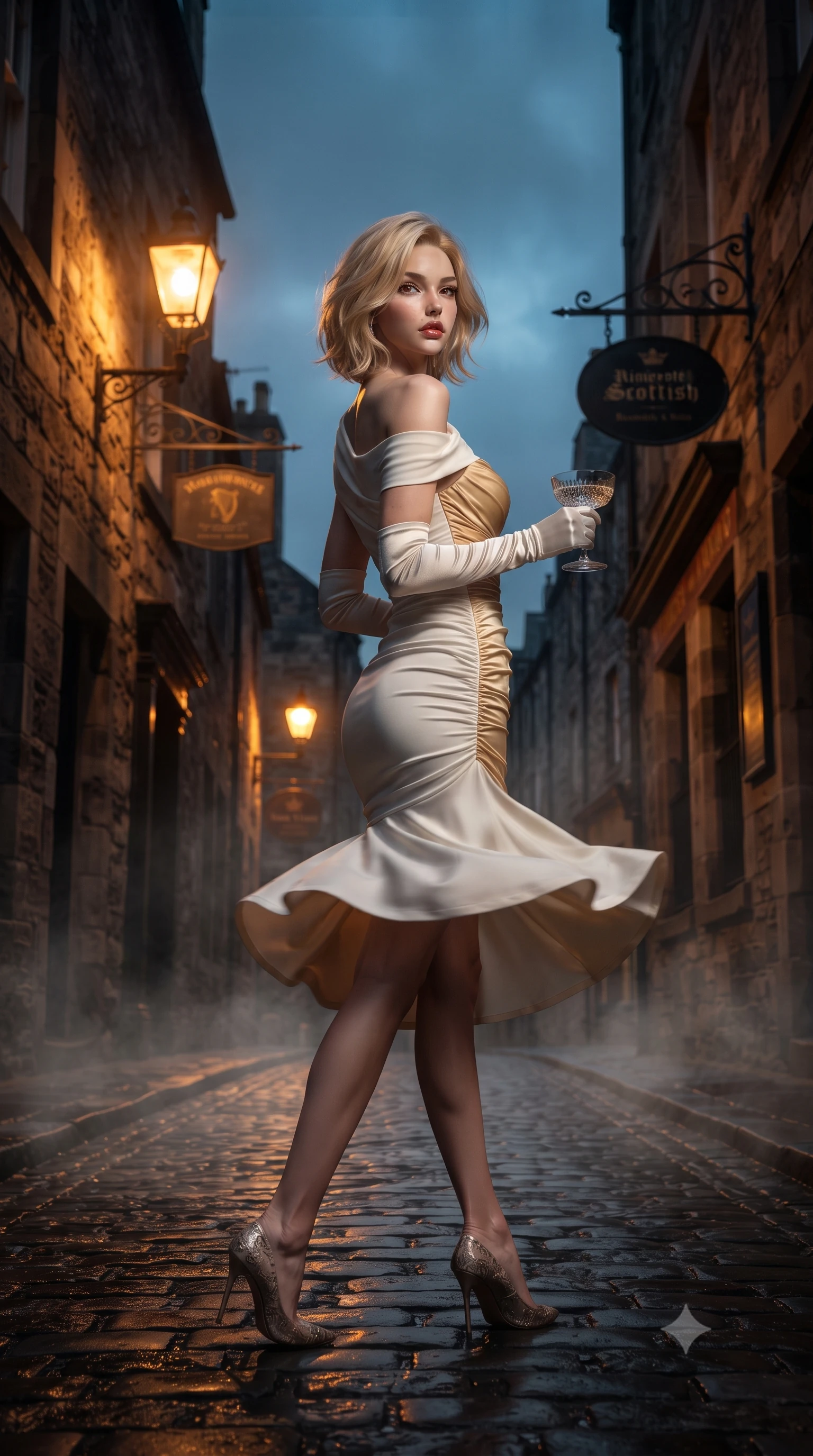 score_9, masterpiece, best quality, ultra-detailed, high-budget anime keyframe, editorial fashion photography, tasteful artistic composition, Caucasian woman. low angle full-body shot from head to toe showing her feet, filling the entire 9:16 vertical frame with her statuesque presence, stretching her vertical silhouette. executing an elegant mid-motion pivot turn as garments swirl around her slender limbs, glancing over her shoulder with an intoxicating bedroom-gaze while descending the steep, narrow cobblestone close between ancient stone tenements, arching her back with sovereign poise under glowing gas street lamps. The composition keeps background elements in soft focus with creamy bokeh. rising cobblestone mist and historic wrought-iron hanging signs softened in atmospheric Scottish shallow focus. She has an exceptionally tall and slender model-like 8.5-heads proportion, an ultra-slim waist, a flat toned midriff, narrow delicate ribcage, and beautifully sculpted feminine hips creating a graceful, slim hourglass silhouette without any bulky heaviness, with impossibly long slender legs. sharp v-shaped jawline, high-bridge nose, intricate jewel-like eyes with depth, thick eyelashes, glossy parted lips with a natural sheen, intensely captivating and seductive bedroom-eyes expression, flawlessly proportioned anatomical accuracy, strict slender model proportions, natural body alignment, perfectly sculpted long slender limbs, ultra-slim waistline, clean dynamic posture without body distortion. wearing a form-contouring cocktail dress with an asymmetrical open shoulder and hip-defining ruching in pure alabaster white and sun-kissed gold, tailored from water-resistant treated wool gabardine and flexible stretch silk, accessorized with opera-length satin gloves and a vintage crystal glass, the glove-like aerodynamic silhouette tightly following the natural contour of her hips and long slender legs with statuesque 8.5-heads elegance. bathed in warm flickering amber gaslight contrasting with the moody deep slate blue evening sky. ultra-reflective glossy finish, specular highlights, rich textural contrasts, high-contrast stereoscopic depth, volumetric dynamic lighting, 2k, ultra detail, master piece, 9:16 ratio