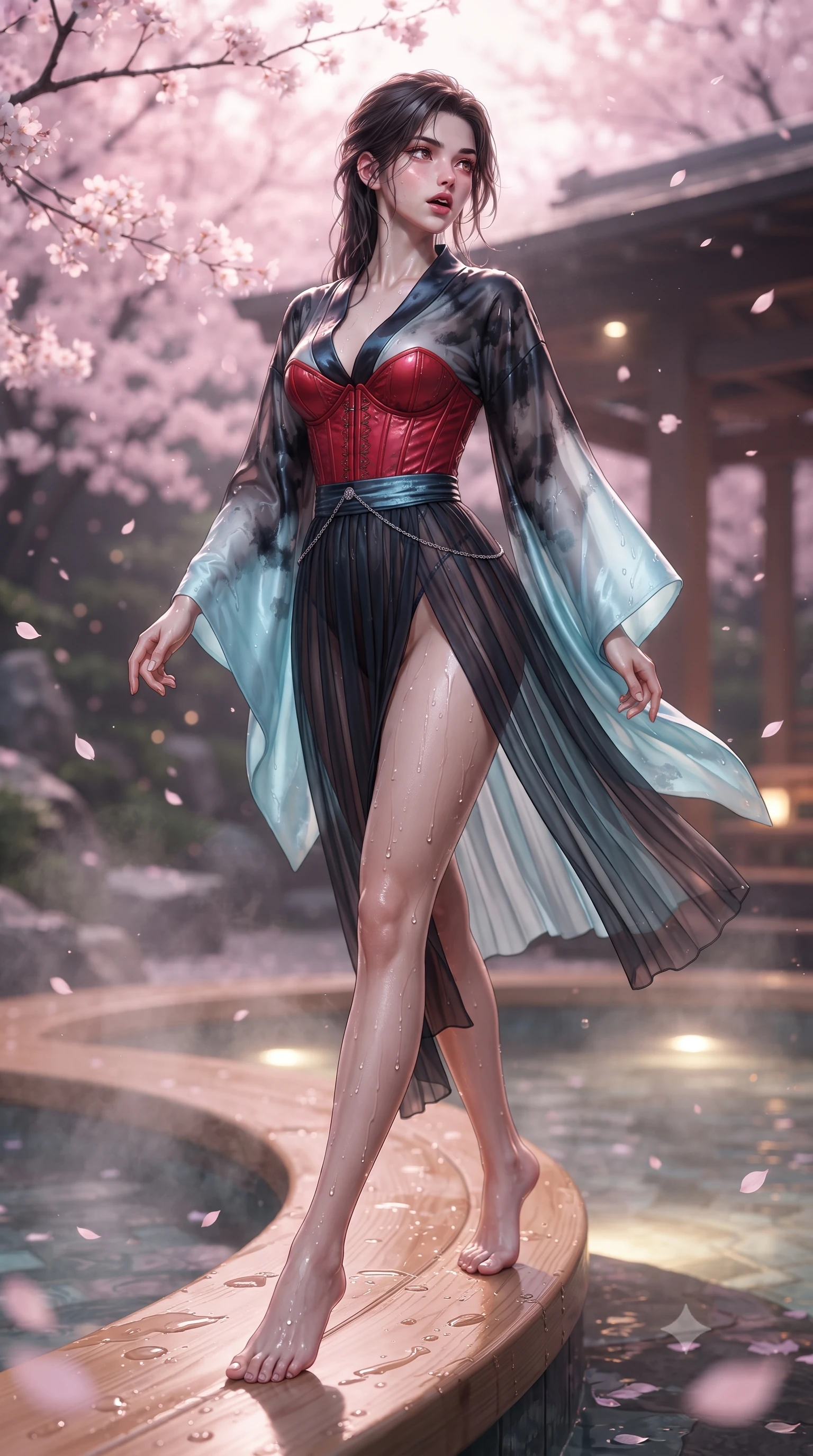 score_9, masterpiece, best quality, ultra-detailed, high-budget anime keyframe, editorial fashion photography, tasteful artistic composition, Korean woman. low angle full-body shot from head to toe showing her feet, filling the entire 9:16 vertical frame with her statuesque presence, stretching her vertical silhouette. striding forward in a proud supermodel runway stride, hips swaying in an alluring kinetic rhythm that accentuates her curvy hourglass silhouette while perching on the smooth hinoki wood rim of a steaming outdoor onsen, water droplets beading on her hip as she glances back with parted lips. The surrounding environment is rendered in vivid detail and crisp panoramic clarity. sharp wet hinoki wood grain, distinct water droplet tracks on skin, and delicate cherry blossom petals in deep focus. She has an absolutely perfect, statuesque 8.5-heads proportion, an exceptionally tall and slender model-like female figure with impossibly long slender legs, a toned flat midriff, an ultra-slim waist, and beautifully sculpted feminine hips. sharp v-shaped jawline, high-bridge nose, intricate jewel-like eyes with depth, thick eyelashes, glossy parted lips with a natural sheen, intensely captivating and seductive bedroom-eyes expression, flawlessly proportioned anatomical accuracy, strict slender model proportions, natural body alignment, perfectly sculpted long slender limbs, ultra-slim waistline, clean dynamic posture without body distortion. wearing a sacred shrine maiden couture robe with sheer pleated chiffon skirt and structured scarlet corset top in dark ink-wash black and radiant moonlight cyan, tailored from smooth liquid silk satin adhering seamlessly to her wet skin, complemented by a delicate metallic hip chain catching the pool caustics, the form-contouring material adhering flawlessly to her sculpted flat midriff and slender torso, emphasizing her long leg lines and perfectly proportioned willowy build. bathed in soft pink cherry blossom ambient glow and warm underwater mineral pool lights. ultra-reflective glossy finish, specular highlights, rich textural contrasts, high-contrast stereoscopic depth, volumetric dynamic lighting, 2k, ultra detail, master piece, 9:16 ratio