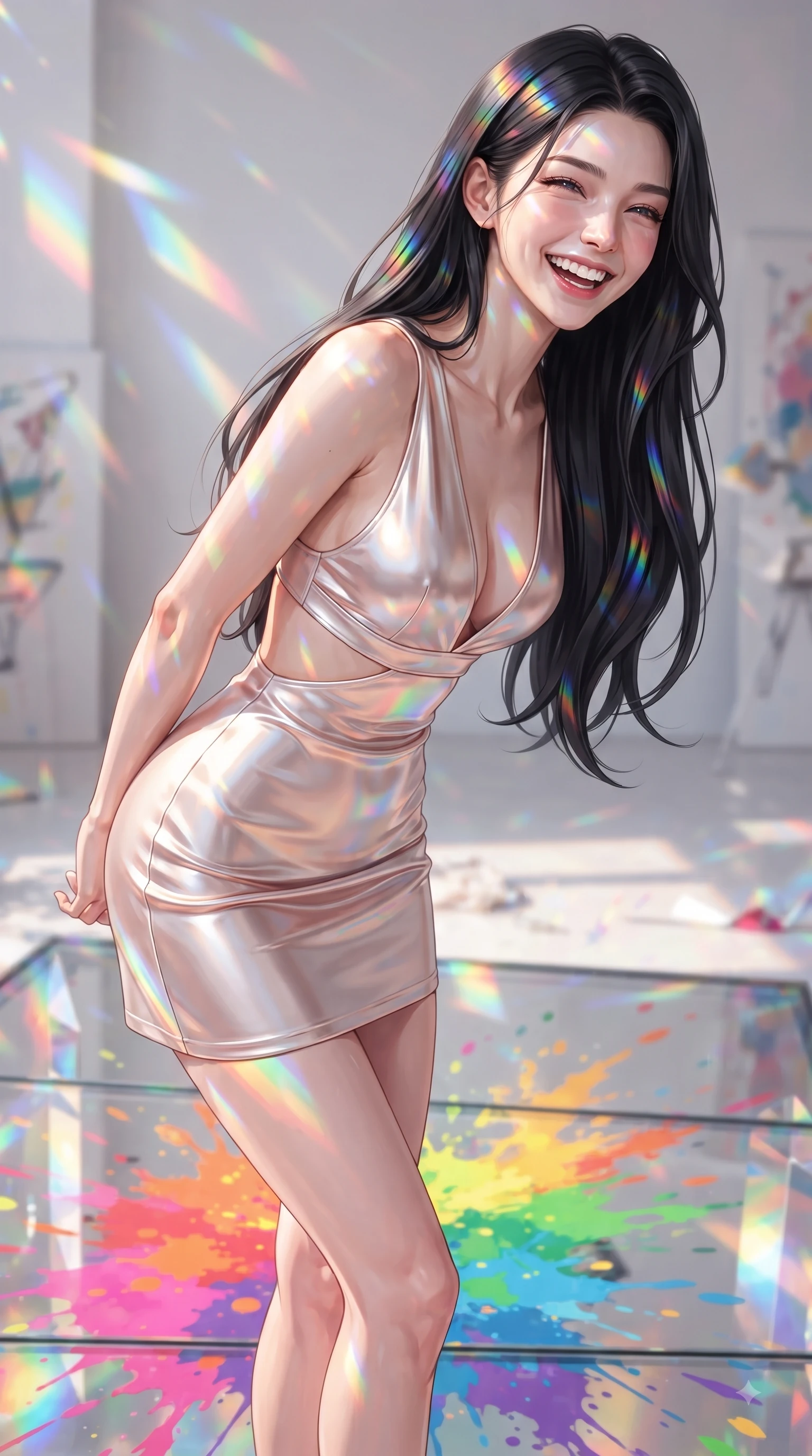 score_9, masterpiece, best quality, ultra-detailed, high-budget anime keyframe, editorial fashion photography, tasteful artistic composition, Korean woman. close-up cowboy shot from the waist and thighs up, the character dominates the composition, filling the frame with her large presence, background elements kept in soft focus. Joyful laughing expression filled with genuine happiness and warmth, leaning forward with cheerful energy while pivoting gracefully on a reflective glass floor drenched in vibrant multi-color paint splashes, a kaleidoscope of refractions forming colorful geometric light patterns on her skin. She has an exceptionally elegant, slender, and willowy female figure with an ultra-slim waist, a gracefully sculpted slender torso, and a refined silhouette. sharp v-shaped jawline, high-bridge nose, intricate jewel-like eyes with depth, thick eyelashes, glossy lips with a natural sheen, flawlessly proportioned anatomical accuracy, natural body alignment, perfectly sculpted elegant limbs, clean dynamic posture without body distortion. wearing a liquid mercury gloss mini dress with ultra-deep V-neck and waist cutouts in pearl white and rose gold, crafted from smooth liquid silk, featuring subtle geometric cutouts that highlight her ultra-slim midriff, the sleek second-skin texture accentuating her magnetic presence. illuminated by brilliant multi-color rainbow light refracting through glass prisms. ultra-reflective glossy finish, specular highlights, metallic sheen, high-contrast stereoscopic depth, volumetric dynamic lighting, 2k, ultra detail, master piece, 9:16 ratio