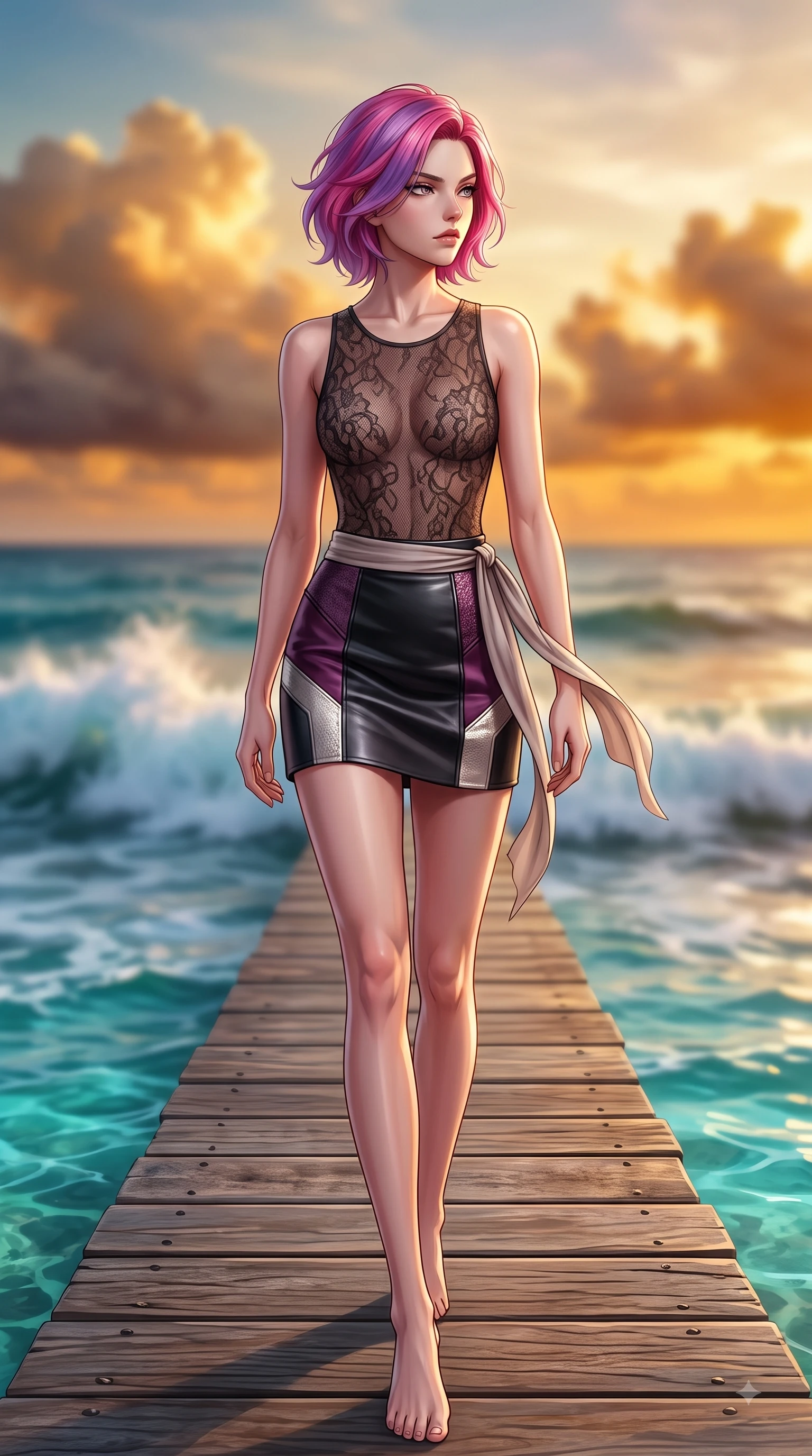 score_9, masterpiece, best quality, ultra-detailed, high-budget anime keyframe, editorial fashion photography, tasteful artistic composition, Caucasian woman. low angle full-body shot from head to toe showing her feet, filling the entire 9:16 vertical frame with her statuesque presence, stretching her vertical silhouette. Statuesque haughty posture with a cool, sharp glance and composed high-fashion elegance while walking dynamically along a wooden pier over crystal turquoise ocean waters. The composition keeps background elements in soft focus with dreamy bokeh. crashing ocean waves and glowing sunset clouds blurred into smooth turquoise and gold bokeh. She has an absolutely perfect, statuesque 8.5-heads proportion, an exceptionally tall and slender model-like female figure with impossibly long slender legs and an ultra-slim waist. sharp v-shaped jawline, high-bridge nose, intricate jewel-like eyes with depth, thick eyelashes, glossy lips with a natural sheen, flawlessly proportioned anatomical accuracy, natural body alignment, perfectly sculpted elegant limbs, clean dynamic posture without body distortion. wearing a sheer dark lace pattern bodysuit over a structured black leather mini skirt in rich plum violet and metallic platinum, crafted from soft breathable Italian linen, accented with a delicate side waist sash creating fluid lines, the sleek second-skin fit accentuating her magnetic presence. surrounded by an majestic, emotional, and breathtaking coastal editorial aura. highly saturated vibrant anime colors, detailed shading with soft gradients, rich glossy textures, high-contrast stereoscopic depth, volumetric dynamic lighting, master piece, 9:16 ratio
