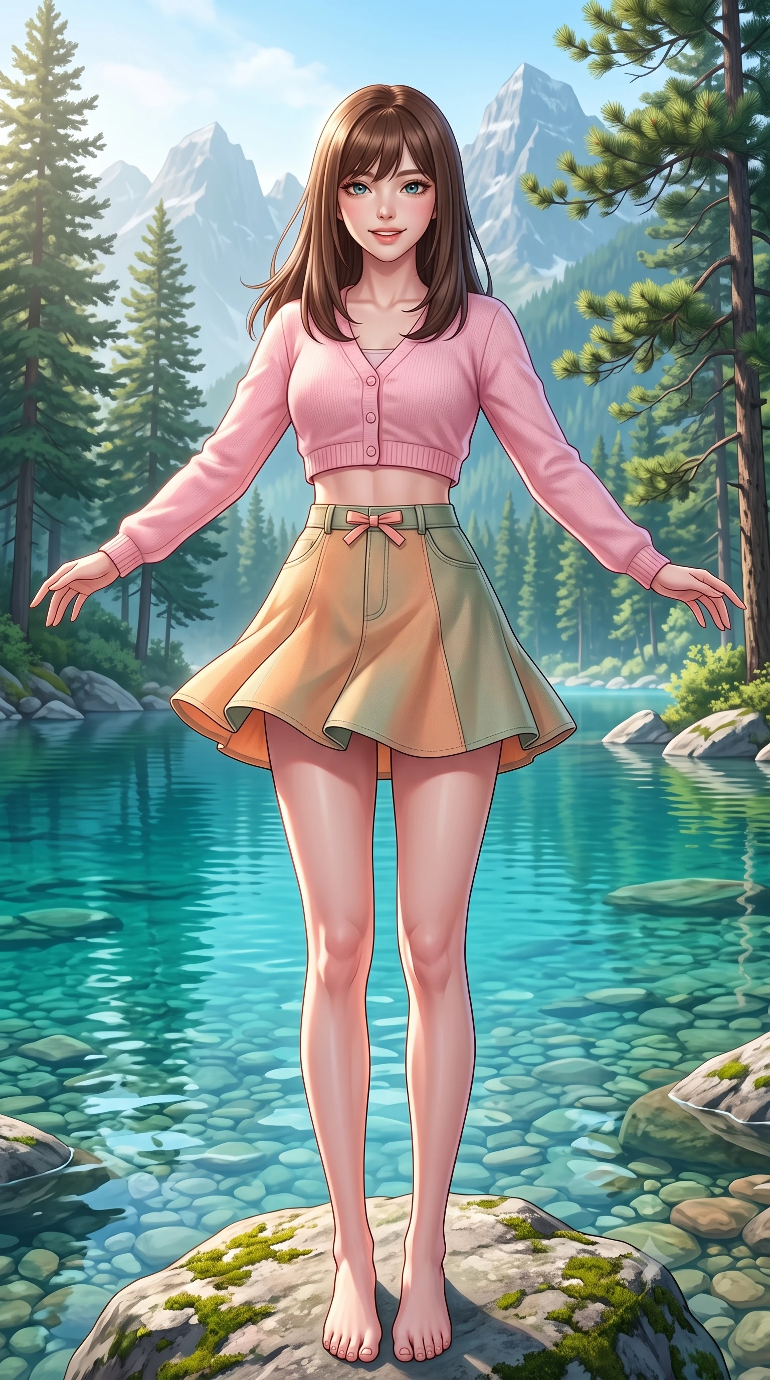 score_9, masterpiece, best quality, ultra-detailed, high-budget anime keyframe, semi-realistic 3D game render, editorial fashion photography, tasteful artistic composition, Korean woman. low angle full-body shot from head to toe showing her feet, filling the entire 9:16 vertical frame with her statuesque presence, stretching her vertical silhouette. performing a cheerful mid-motion turn with effortless poise, her skirt fluttering softly as she smiles into the camera while standing poised on a mossy lakeside boulder with open arms, taking a deep breath of fresh pine-scented mountain air. The surrounding environment is rendered in vivid detail and crisp panoramic clarity. crystal-clear turquoise water revealing smooth underwater pebbles, towering pine needles, and distant peaks in high clarity. She has an absolutely perfect, statuesque 8.5-heads proportion, an exceptionally tall and slender model-like female figure with impossibly long slender legs, a toned flat midriff, and an ultra-slim waist. sharp v-shaped jawline, high-bridge nose, intricate jewel-like eyes with depth, thick eyelashes, glossy lips with a natural sheen, pure and lovely fresh girlhood expression, flawlessly proportioned anatomical accuracy, strict slender model proportions, natural body alignment, perfectly sculpted long slender limbs, ultra-slim waistline, clean dynamic posture without body distortion. wearing a lovely baby-pink cropped knit cardigan paired with a high-waisted denim A-line mini skirt in warm apricot and sage green, tailored from soft pastel lightweight wool blend with subtle texture, accented with a dainty ribbon bow at the waistline, the chic real-way fashion cut emphasizing her effortless charm, flat midriff, and slender model proportions. illuminated by soft morning mist backlighting and emerald water ambient bounce. highly saturated vibrant anime colors, detailed shading with soft gradients, rich glossy textures, high-contrast stereoscopic depth, volumetric dynamic lighting, master piece, 9:16 ratio
