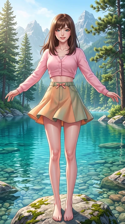 score_9, masterpiece, best quality, ultra-detailed, high-budget anime keyframe, semi-realistic 3D game render, editorial fashion photography, tasteful artistic composition, Korean woman. low angle full-body shot from head to toe showing her feet, fil