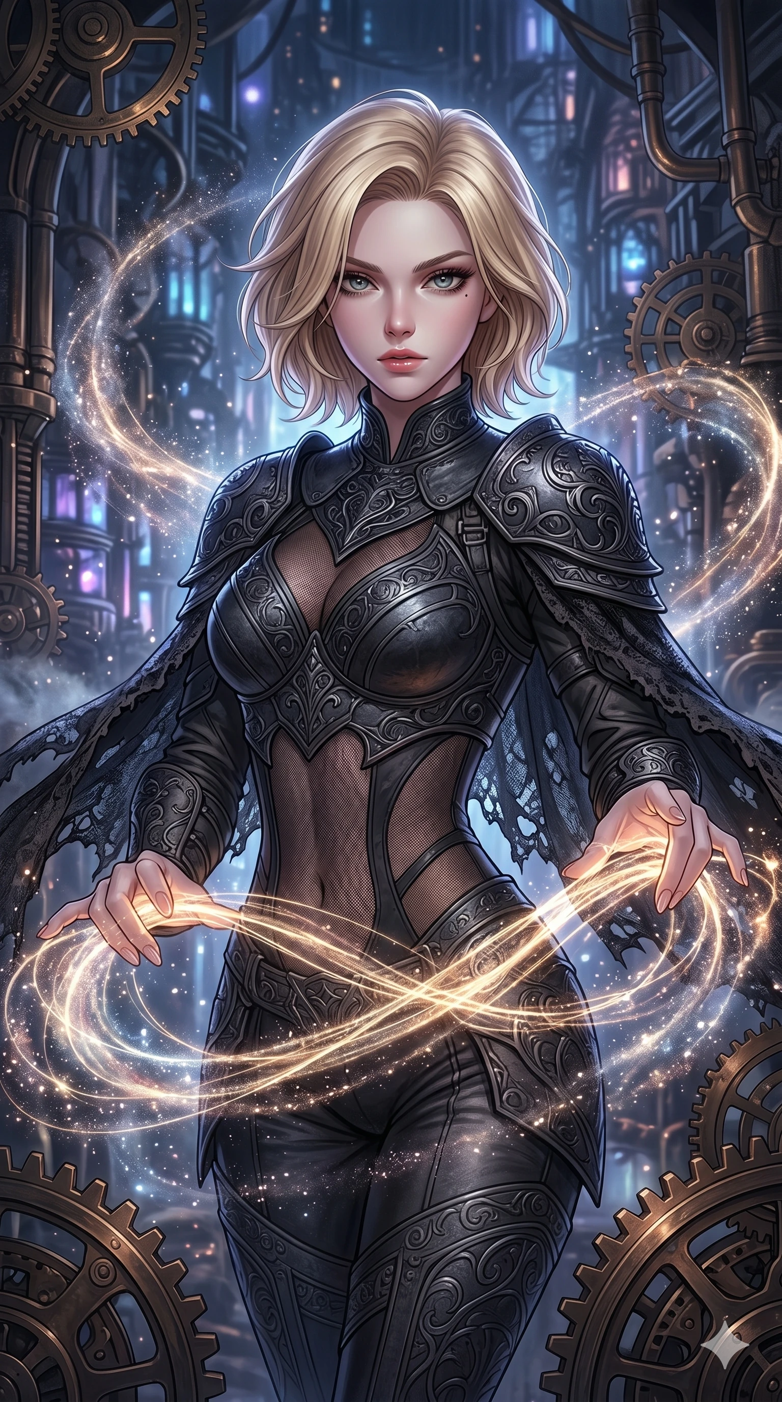score_9, masterpiece, best quality, ultra-detailed, high-budget anime movie keyframe, cinematic anime lighting, intricate line art, Caucasian (strictly human ears) woman. Upper body filling screen focusing on her alluring features and slim-fit silhouette. weaving threads of light in a clockwork heart of a city in a mist of stardust. She has an absolutely perfect 8-heads proportion, an exceptionally tall and slender female figure with an ultra-slim waist and impossibly long slender legs. sharp v-shaped jawline, high-bridge nose, intricate jewel-like eyes, thick eyelashes, glossy lips. Wearing dark fantasy gothic leather armor with ornate obsidian plates, a tattered lace cape, and sheer mesh cut-outs at the midriff, exuding a mysterious allure. The scene is illuminated by dramatic atmospheric lighting and vibrant color palettes. , 2k, ultra detail, master piece, 9:16 ratio