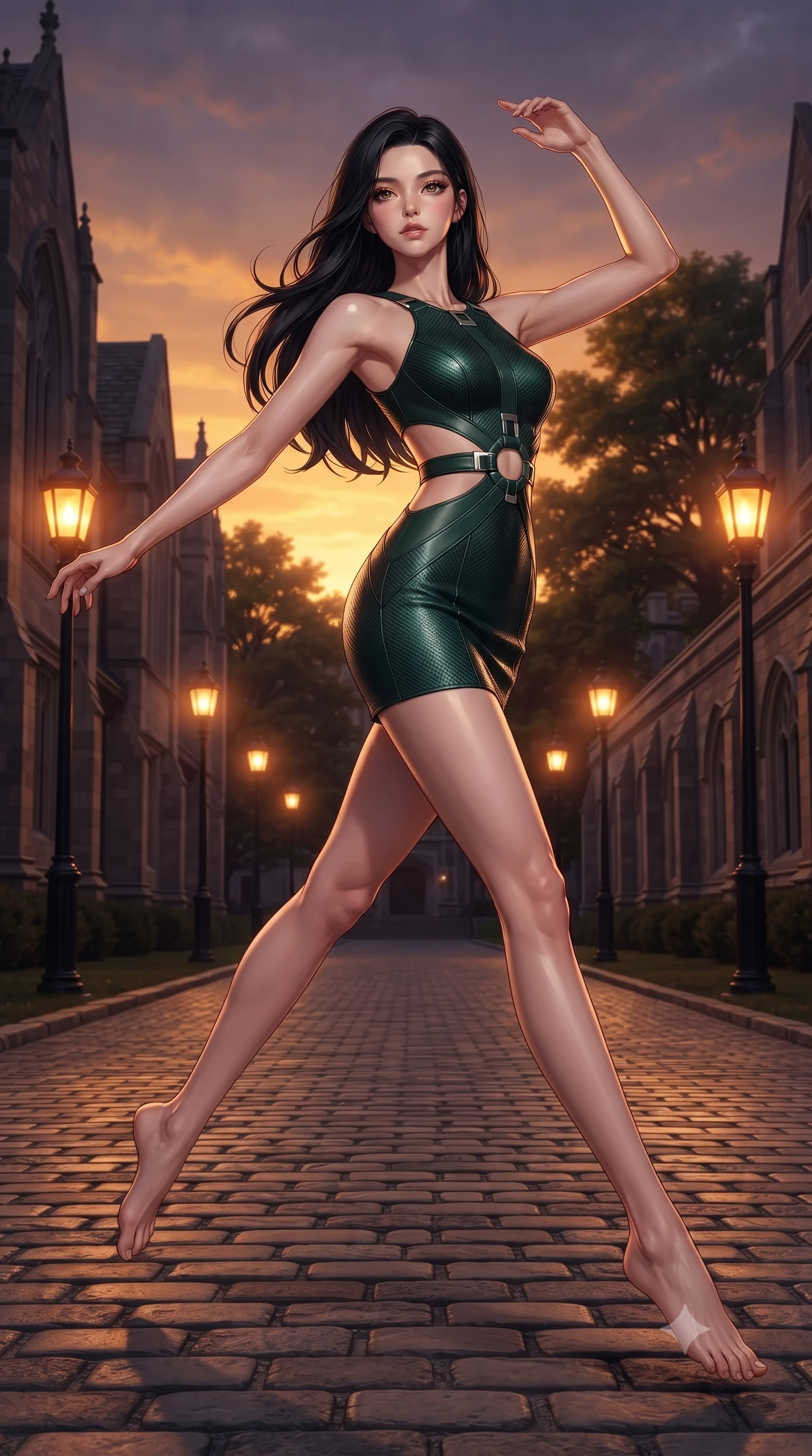score_9, masterpiece, best quality, ultra-detailed, high-budget anime keyframe, editorial fashion photography, tasteful artistic composition, Korean woman. low angle full-body shot from head to toe showing her feet, filling the entire 9:16 vertical frame with her statuesque presence, stretching her vertical silhouette. leaping gracefully through the environment with statuesque elegance and long slender legs stepping along a cobblestone academy path flanked by glowing streetlamps, warm amber glow illuminating the quiet architectural details of the campus. She has an absolutely perfect, statuesque 8.5-heads proportion, an exceptionally tall and slender model-like female figure with impossibly long slender legs and an ultra-slim waist. sharp v-shaped jawline, high-bridge nose, intricate jewel-like eyes with depth, thick eyelashes, glossy lips with a natural sheen. wearing a dramatic open-waist cutout mini dress framed by sculptural hardware in deep emerald green and silver accent, made of fine carbon-fiber weave and soft matte leather, featuring subtle geometric cutouts that highlight her ultra-slim midriff, the form-contouring material highlighting her ultra-slim waist and long lines. bathed in brilliant golden hour sunset rays and warm amber ambient light. ultra-reflective glossy finish, specular highlights, metallic sheen, high-contrast stereoscopic depth, volumetric dynamic lighting, 2k, ultra detail, master piece, 9:16 ratio