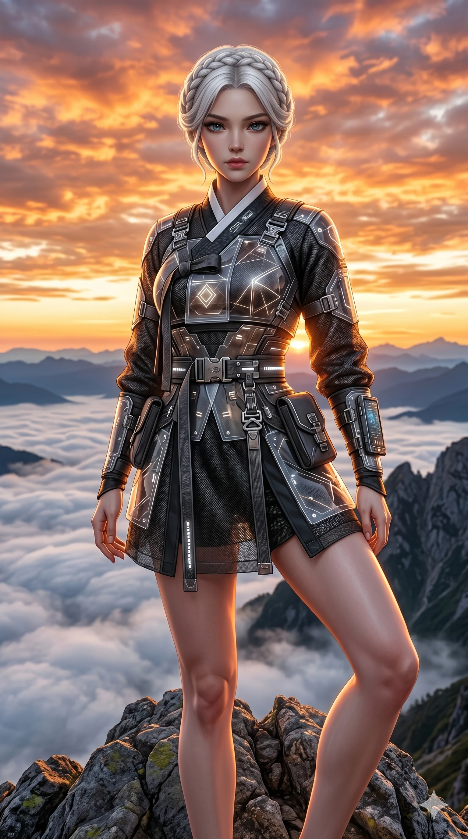score_9, masterpiece, best quality, ultra-detailed, Set A: Photorealistic 8k CG, Japanese woman. Upper body close-up from the thighs up, character filling the screen for maximum presence. Standing on a mountain peak as the sun rises. She has an absolutely perfect 8-heads proportion, an exceptionally tall and slender female figure with an slender waist and epic stance. Sharp v-shaped jawline, high-bridge nose, intricate jewel-like eyes with depth, thick eyelashes, glossy lips. Wearing a Modern Traditional outfit: tech-hanbok with transparent panels and metallic straps. Background is a bright and colorful sky with orange and gold clouds and a vast valley of white mist. 2k, ultra detail, master piece, 9:16 ratio