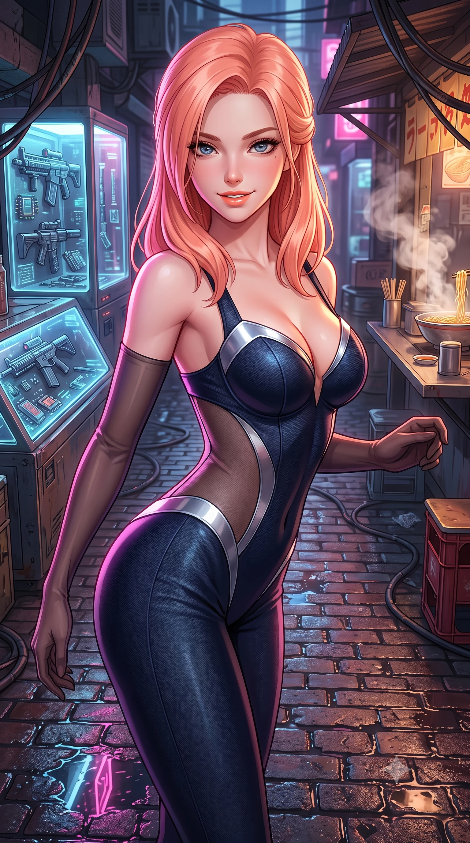 score_9, masterpiece, best quality, ultra-detailed, high-budget anime keyframe, semi-realistic 3D game render, editorial fashion photography, tasteful artistic composition, Japanese woman. close-up cowboy shot from the waist and thighs up, the character dominates the composition, filling the frame with her large presence. leaning forward while arching her lower back to accentuate her curvy hips, looking into the camera with an intoxicating smoldering gaze and bedroom-eyes while standing poised on the wet cobblestones between glowing holographic weapon display cases, arching her spine with seductive combat poise as aromatic noodle steam rises. The surrounding environment is rendered in vivid detail and crisp panoramic clarity: sharp wet brick textures, glass display case reflections with micro-chip components, and weathered cyberpunk cables in deep focus. She has an exceptionally elegant, slender, and willowy female figure with an ultra-slim waist, flat toned midriff, narrow ribcage, and sculpted feminine hips creating an alluring, slim hourglass silhouette without bulk. sharp v-shaped jawline, high-bridge nose, intricate jewel-like sparkling eyes with depth, thick eyelashes, glossy parted lips with a natural peach sheen, bright cheerful beaming smile with an enchanting and coquettish sensual glint, exuding both youthful cute charm and seductive allure, flawlessly proportioned anatomical accuracy, strict slender model proportions, natural body alignment, perfectly sculpted long slender limbs, ultra-slim waistline, clean dynamic posture without body distortion. wearing an alluring plunging sweetheart tactical bodice with sheer mesh side-waist cutouts contouring her ribs in midnight carbon navy and polished chrome, tailored from high-density tech-wool with subtle metallic thread weave, complemented by sheer opera-length evening gloves tracing her slender arms, the second-skin tailored fabric adhering flawlessly to her sculpted flat midriff and slender torso, emphasizing her long leg lines and perfectly proportioned willowy build. illuminated by puddle reflection bounce and sharp neon-pink rim lights sculpting her jawline, narrow waist, and curvy hips. highly saturated vibrant anime colors, detailed shading with soft gradients, rich glossy textures, high-contrast stereoscopic depth, volumetric dynamic lighting, master piece, 9:16 ratio