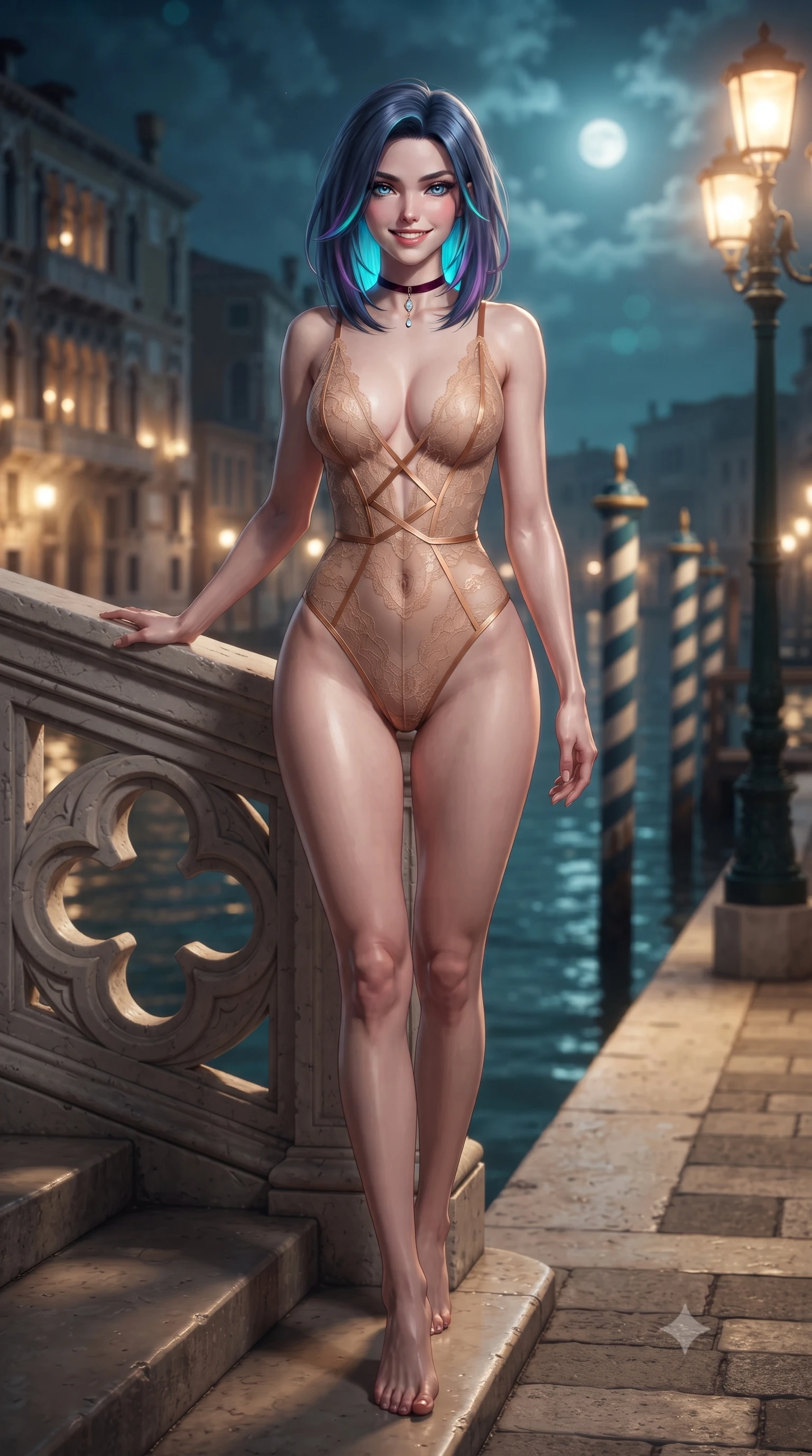 score_9, masterpiece, best quality, ultra-detailed, high-budget anime keyframe, editorial fashion photography, tasteful artistic composition, Caucasian woman. low angle full-body shot from head to toe showing her feet, filling the entire 9:16 vertical frame with her statuesque presence, stretching her vertical silhouette. stepping forward in a confident stride, her long slender legs and curvaceous hips creating a dynamic, sweeping vertical line while leaning against the carved quatrefoil stone balustrade with hips cocked back, casting an intoxicating smoldering bedroom-gaze over the moonlit canal. The background shows a soft-focus illuminated Baroque palazzi reflecting on dark Grand Canal waters, striped mooring poles, and moonlit Venetian mist blurred into turquoise, gold, and sapphire bokeh. She has an exceptionally tall and slender model-like 8.5-heads proportion, an ultra-slim waist, a flat toned midriff, narrow delicate ribcage, and beautifully sculpted feminine hips creating a graceful, slim hourglass silhouette without any bulky heaviness, with impossibly long slender legs. sharp v-shaped jawline, high-bridge nose, intricate jewel-like sparkling eyes with depth, thick eyelashes, glossy parted lips with a natural peach sheen, bright cheerful beaming smile with an enchanting and coquettish sensual glint, exuding both youthful cute charm and seductive allure, flawlessly proportioned anatomical accuracy, strict slender model proportions, natural body alignment, perfectly sculpted long slender limbs, ultra-slim waistline, clean dynamic posture without body distortion. wearing an alluring sheer lace bodysuit with deep plunging neckline and delicate criss-cross strap details across her torso in Beverly Hills honey champagne and warm toasted caramel, crafted from fluid liquid silk satin that clings smoothly to her narrow waist and rounded hips with a dewy sheen, finished with a thin velvet ribbon choker and a single teardrop diamond pendant, the precision-cut side openings and low-back scoop framing her graceful spine and the sensual sweep of her slim, toned hips. bathed in the flickering golden glow of historic gas-lamp style canal lanterns mixed with ethereal silver moonlight. ultra-reflective glossy finish, specular highlights, rich textural contrasts, high-contrast stereoscopic depth, volumetric dynamic lighting, 2k, ultra detail, master piece, 9:16 ratio