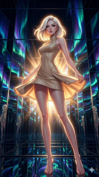 score_9, masterpiece, best quality, ultra-detailed, high-budget anime keyframe, editorial fashion photography, tasteful artistic composition, Caucasian woman, strictly human ears. low angle full-body shot from head to toe showing her feet, filling th