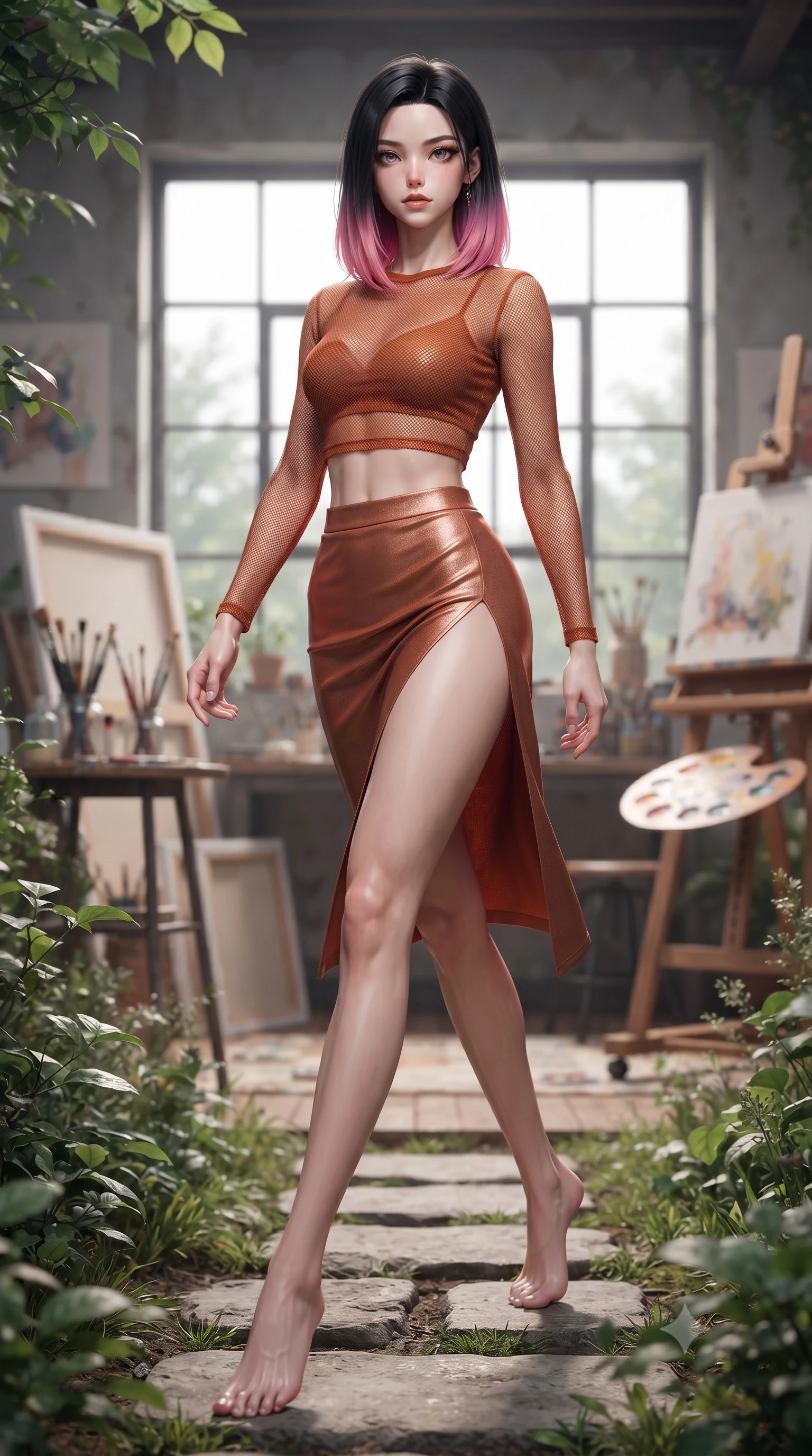 score_9, masterpiece, best quality, ultra-detailed, high-budget anime keyframe, editorial fashion photography, tasteful artistic composition, Korean woman woman. low angle full-body shot from head to toe showing her feet, filling the entire 9:16 vertical frame with her statuesque presence, stretching her vertical silhouette. stepping gracefully across a stone path in the garden the background shows a soft-focus an artist's studio filled with canvases, paint brushes, and easel near a large industrial window. She has an absolutely perfect, statuesque 8.5-heads proportion, an exceptionally tall and slender model-like female figure with impossibly long slender legs and an ultra-slim waist. sharp v-shaped jawline, high-bridge nose, intricate jewel-like eyes with depth, thick eyelashes, glossy lips with a natural sheen. wearing a slim-fit semi-transparent mesh crop top in rust orange, paired with a high-slit skirt. crisp North daylight casting soft, consistent lighting over the workspace. ultra-reflective glossy finish, specular highlights, metallic sheen, high-contrast stereoscopic depth, volumetric dynamic lighting, 2k, ultra detail, master piece, 9:16 ratio