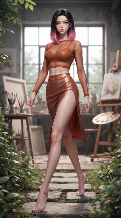 score_9, masterpiece, best quality, ultra-detailed, high-budget anime keyframe, editorial fashion photography, tasteful artistic composition, Korean woman woman. low angle full-body shot from head to toe showing her feet, filling the entire 9:16 vert