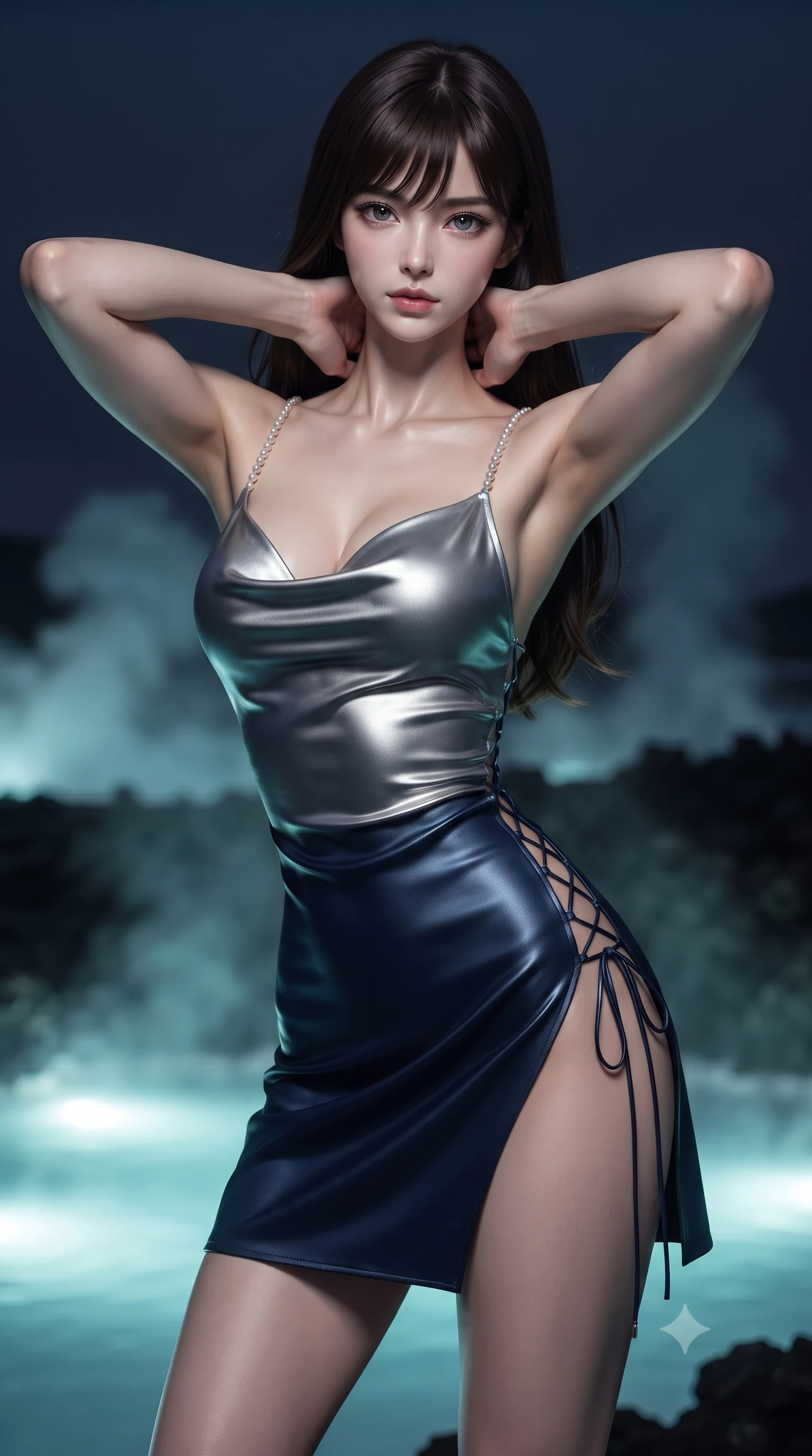 score_9, masterpiece, best quality, ultra-detailed, high-budget anime keyframe, editorial fashion photography, tasteful artistic composition, Korean woman. close-up cowboy shot from the waist and thighs up, the character dominates the composition, filling the frame with her large presence. resting both hands lightly behind her neck with elbows raised, arching her spine to highlight her narrow waist, flat midriff, and breathtaking collarbones while twisting her slender torso in an alluring S-curve, glowing underwater volcanic heat lamps tracing her narrow waist, flat midriff, and hips. The background shows a soft-focus rising geothermal steam clouds, volcanic black lava fields, and dark arctic night sky blurred into milky turquoise, charcoal, and aurora-violet bokeh. She has an exceptionally elegant, slender, and willowy female figure with an ultra-slim waist, flat toned midriff, narrow ribcage, and sculpted feminine hips creating an alluring, slim hourglass silhouette without bulk. sharp v-shaped jawline, high-bridge nose, sparkling eyes with hypnotic seductive depth, thick curled eyelashes, glossy parted lips with a natural dewy peach sheen, alluring bedroom-eyes with an enchanting coquettish smile, exuding magnetic siren charisma and sophisticated glamour, flawlessly proportioned anatomical accuracy, strict slender model proportions, natural body alignment, perfectly sculpted long slender limbs, ultra-slim waistline, clean dynamic posture without body distortion. wearing a low-cut draped cowl-back satin slip mini dress with dainty pearl spaghetti straps in molten liquid silver and deep sapphire navy, woven from buttery-soft stretch lambskin leather adhering to her body like a second skin, featuring fine criss-cross lace-up side ties revealing tantalizing glimpses of her hip curve, the high-slit wrap tailoring accentuating her ultra-slim waistline and the enchanting curve of her feminine hips with alluring seductive charm. bathed in surreal glowing milky-turquoise light radiating upward from geothermal pool beds. ultra-reflective glossy finish, specular highlights, rich textural contrasts, high-contrast stereoscopic depth, volumetric dynamic lighting, 2k, ultra detail, master piece, 9:16 ratio