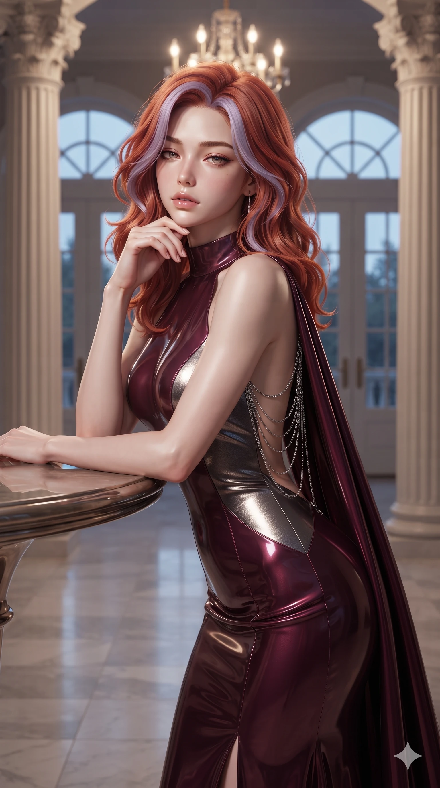 score_9, masterpiece, best quality, ultra-detailed, high-budget anime keyframe, editorial fashion photography, tasteful artistic composition, Caucasian woman. close-up cowboy shot from the waist and thighs up, the character dominates the composition, filling the frame with her large presence. resting one elbow on the table and supporting her chin, leaning close to the camera with heavy-lidded sparkling eyes and parted lips while standing poised between towering fluted Corinthian columns, twisting her slender torso in an alluring contrapposto stance beside towering arched French doors. The composition keeps background elements in soft focus with creamy bokeh: gentle coastal night breeze softened in grand palace foyer shallow focus. She has an exceptionally elegant, slender, and willowy female figure with an ultra-slim waist, flat toned midriff, narrow ribcage, and sculpted feminine hips creating an alluring, slim hourglass silhouette without bulk. sharp v-shaped jawline, high-bridge nose, intricate jewel-like eyes with depth, thick eyelashes, glossy parted lips with a natural sheen, intensely captivating and seductive bedroom-eyes expression, flawlessly proportioned anatomical accuracy, strict slender model proportions, natural body alignment, perfectly sculpted long slender limbs, ultra-slim waistline, clean dynamic posture without body distortion. wearing an elegant backless metallic lamé evening gown with a high jewel neckline and flowing silk capelet in deep wine burgundy and brushed dark platinum, tailored from high-gloss patent leather with mirror-like specular highlights, accented with an open-back drape framed by falling strands of delicate chrome chains, the bespoke structured tailoring following the natural line of her 8.5-heads silhouette with refined elegance. illuminated by cool Mediterranean twilight streaming through arched windows mixed with warm interior chandelier bounce. ultra-reflective glossy finish, specular highlights, rich textural contrasts, high-contrast stereoscopic depth, volumetric dynamic lighting, 2k, ultra detail, master piece, 9:16 ratio