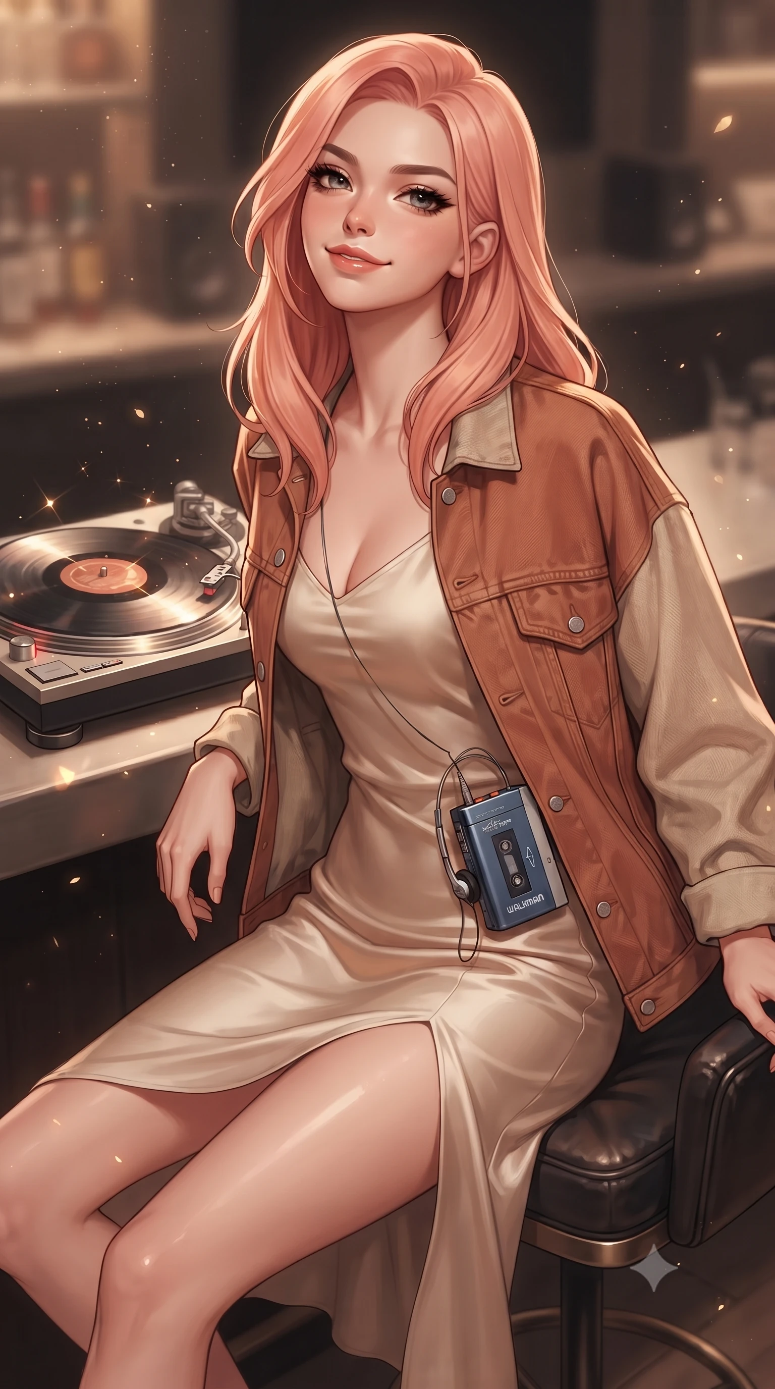 score_9, masterpiece, best quality, ultra-detailed, high-budget anime keyframe, editorial fashion photography, tasteful artistic composition, Japanese woman. close-up cowboy shot from the waist and thighs up, the character dominates the composition, filling the frame with her large presence. tilting her chin up with proud, sovereign confidence while gazing directly into the lens with thick, dark eyelashes while sliding onto a plush leather barstool, tossing her hair with a magnetic, warm smile as the turntable spins. The composition keeps background elements in soft focus with creamy bokeh. drifting warm light dust motes and spinning turntable reflections scattering golden glints. She has an exceptionally elegant, slender, and willowy female figure with an ultra-slim waist, a gracefully sculpted slender torso, toned flat midriff, and a refined slim silhouette. sharp v-shaped jawline, high-bridge nose, intricate jewel-like eyes with depth, thick eyelashes, glossy lips with a natural sheen, captivating and magnetic expression, flawlessly proportioned anatomical accuracy, strict slender model proportions, natural body alignment, perfectly sculpted long slender limbs, ultra-slim waistline, clean dynamic posture without body distortion. wearing a romantic 90s silk satin slip dress layered under an unbuttoned vintage oversized denim jacket in warm terracotta and oatmeal beige, made of premium heavyweight washed denim and breathable cotton poplin, accessorized with a vintage portable cassette Walkman clipped to her waistband, the breezy yet form-flattering drape swaying gracefully with her steps, accentuating her long willowy limbs and slim waistline. illuminated by soft directional key light defining her high-bridge nose, glossy lips, and slender neckline. ultra-reflective glossy finish, specular highlights, rich textural contrasts, high-contrast stereoscopic depth, volumetric dynamic lighting, 2k, ultra detail, master piece, 9:16 ratio