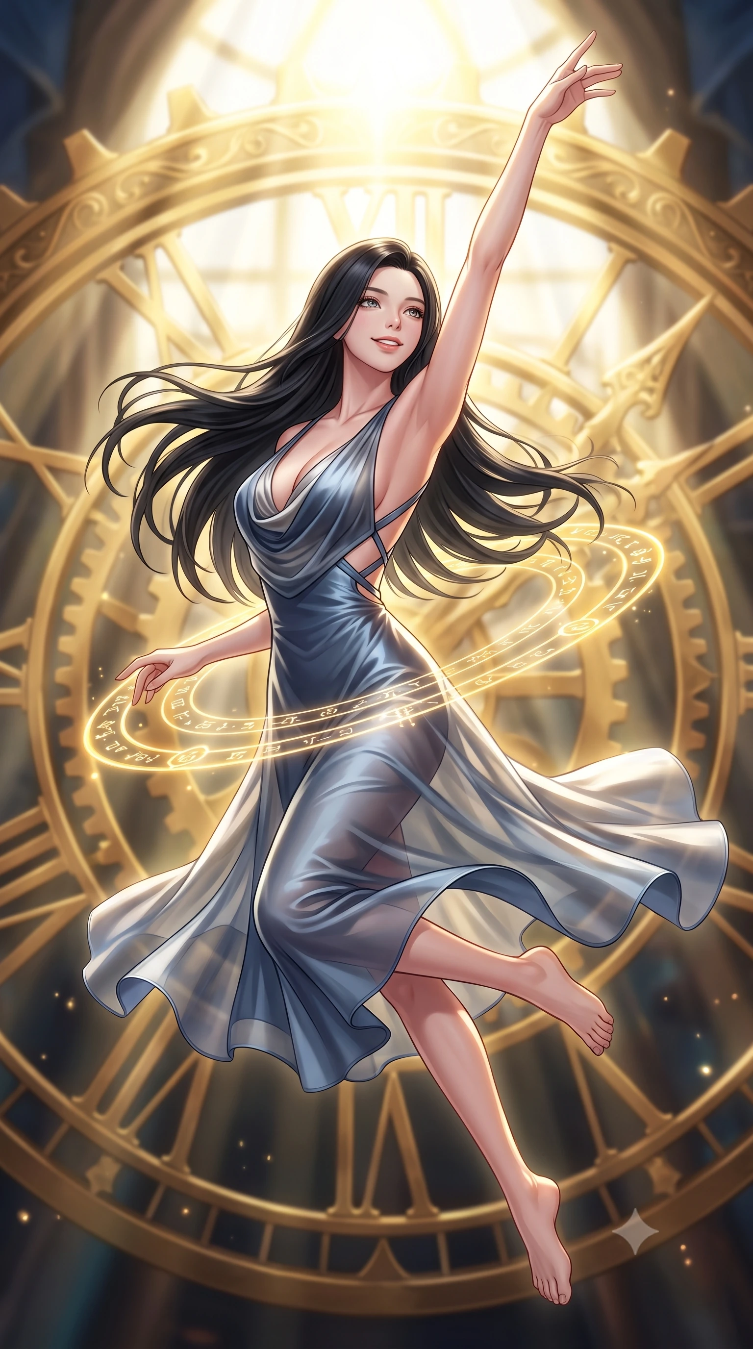 score_9, masterpiece, best quality, ultra-detailed, high-budget anime keyframe, editorial fashion photography, tasteful artistic composition, Korean woman. close-up cowboy shot from the waist and thighs up, the character dominates the composition, filling the frame with her large presence, background elements kept in soft focus. Extending one arm in an elegant stretch toward the light while smiling with magnetic self-assurance while leaping through intense volumetric sunbeams filtering through a giant golden solar clockwork, translucent golden energy rings orbiting around her slender waist in mid-air. She has an exceptionally elegant, slender, and willowy female figure with an ultra-slim waist, a gracefully sculpted slender torso, and a refined silhouette. sharp v-shaped jawline, high-bridge nose, intricate jewel-like eyes with depth, thick eyelashes, glossy lips with a natural sheen, flawlessly proportioned anatomical accuracy, natural body alignment, perfectly sculpted elegant limbs, clean dynamic posture without body distortion. wearing an elegant cowl-neck satin midi dress with a graceful draped neckline in slate blue and metallic silver, woven from fine semi-opaque sheer organza, complemented by criss-cross back straps highlighting her bare shoulders, the tailored fabric tightly following every curve of her athletic build. surrounded by a brilliant solar aura with high-contrast metallic specular shine. highly saturated vibrant anime colors, detailed shading with soft gradients, rich glossy textures, high-contrast stereoscopic depth, volumetric dynamic lighting, master piece, 9:16 ratio