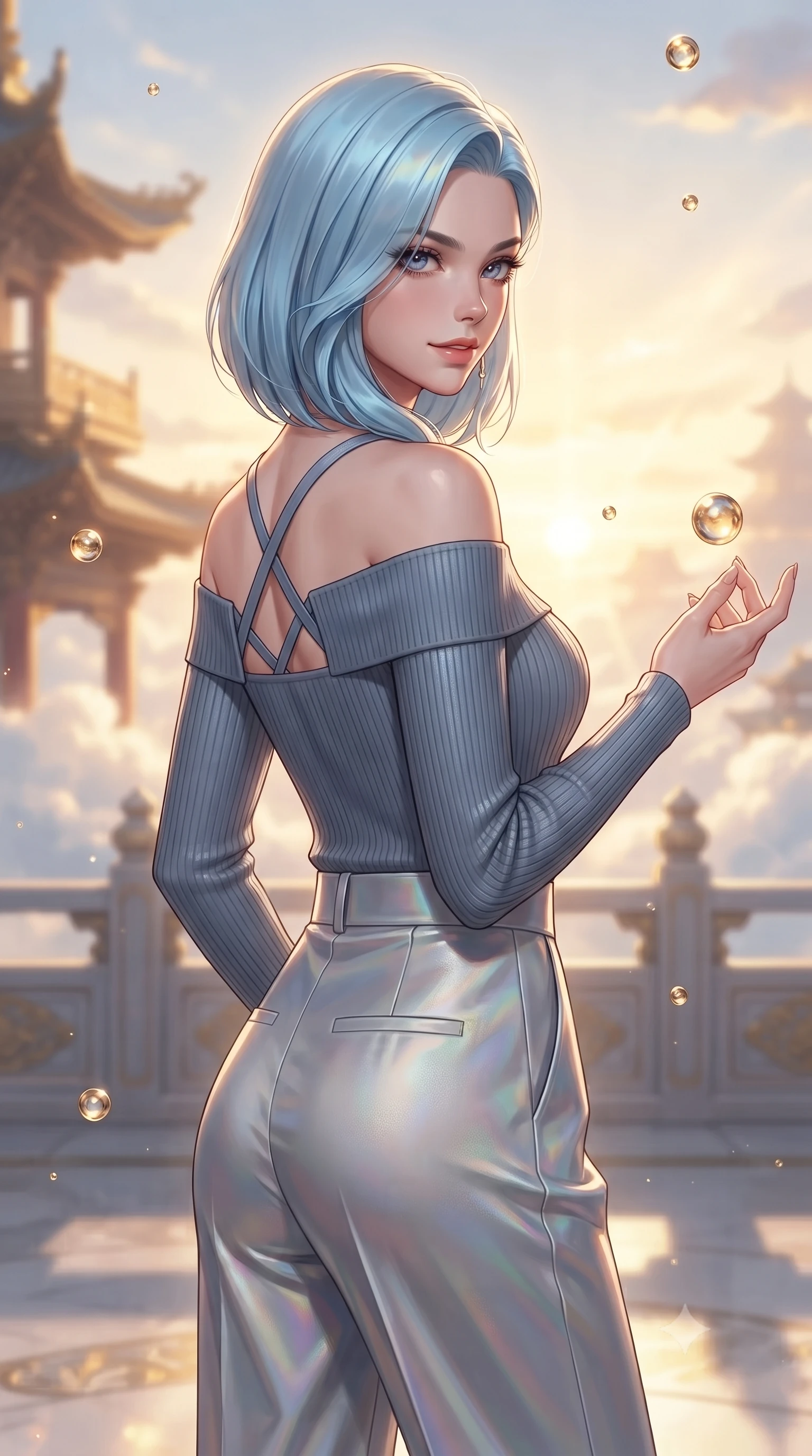 score_9, masterpiece, best quality, ultra-detailed, high-budget anime keyframe, editorial fashion photography, tasteful artistic composition, Korean woman. close-up cowboy shot from the waist and thighs up, the character dominates the composition, filling the frame with her large presence, background elements kept in soft focus. Glancing sidelong over her shoulder with a smoldering half-smile and heavy lashes interacting with floating golden water Orbs in a cloudtop palace court, golden hour sunbursts creating a majestic rim lighting effect. She has an exceptionally elegant, slender, and willowy female figure with an ultra-slim waist, a gracefully sculpted slender torso, and a refined silhouette. sharp v-shaped jawline, high-bridge nose, intricate jewel-like eyes with depth, thick eyelashes, glossy lips with a natural sheen. wearing a sleek off-shoulder ribbed knit top paired with high-waist tailored pants in slate blue and metallic silver, crafted from iridescent chiffon that shifts colors in the light, complemented by criss-cross back straps highlighting her bare shoulders, the sleek second-skin texture accentuating her magnetic presence. surrounded by a bright, luxurious aura of warm sunshine and sky reflections. ultra-reflective glossy finish, specular highlights, metallic sheen, high-contrast stereoscopic depth, volumetric dynamic lighting, 2k, ultra detail, master piece, 9:16 ratio