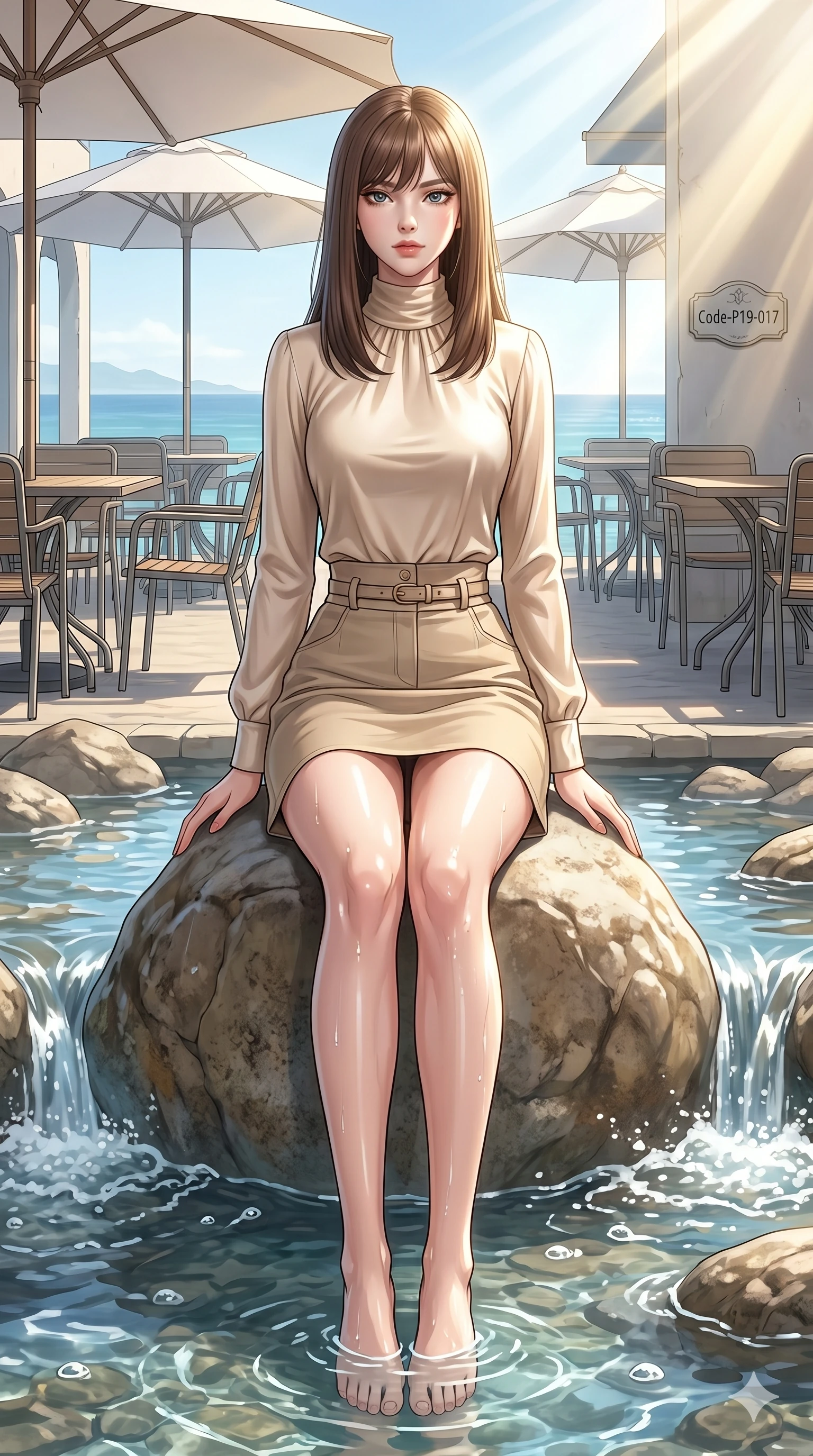 score_9, masterpiece, best quality, ultra-detailed, high-budget anime keyframe, editorial fashion photography, tasteful artistic composition, Korean woman. low angle full-body shot from head to toe showing her feet, filling the entire 9:16 vertical frame with her statuesque presence, stretching her vertical silhouette. sitting on a smooth boulder in the middle of the valley stream, resting her hands on her knees, looking at the lens at a coastal cafe terrace with white umbrellas and panoramic ocean views (Code-P19-017). She has an absolutely perfect 8-heads proportion, an exceptionally tall and slender female figure with impossibly long slender legs and an ultra-slim waist. V-shaped jawline, high-bridge nose, intricate jewel-like eyes with depth, thick eyelashes, glossy lips with a natural sheen. wearing a high-neck long-sleeved silk shirt under a structured high-waist cotton canvas skirt. drenched in brilliant afternoon sunbeams, with sharp specular highlights on her wet skin. 2k, ultra detail, master piece, 9:16 ratio