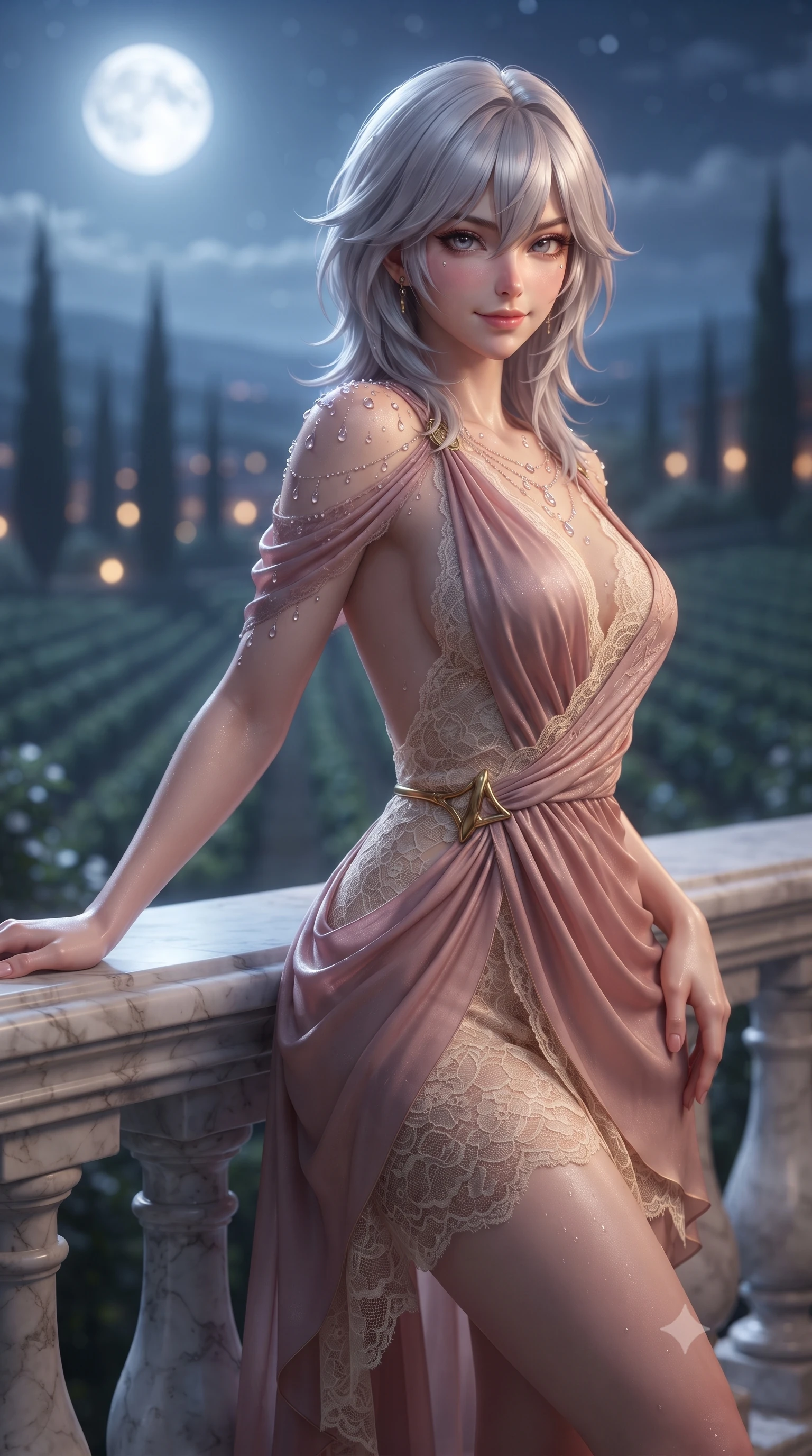 score_9, masterpiece, best quality, ultra-detailed, high-budget anime keyframe, editorial fashion photography, tasteful artistic composition, Japanese woman. close-up cowboy shot from the waist and thighs up, the character dominates the composition, filling the frame with her large presence. tilting her head with a teasing half-smile, running one hand slowly down the side of her hip in a flirtatious S-curve as ambient light caresses her silhouette while leaning against the carved marble parapet with hips cocked back, looking out into the moonlit cypress valley with a seductive half-smile. The background shows a soft-focus endless rolling vineyards under a brilliant silver full moon, silhouettes of slender cypress trees, and twinkling village lights blurred into indigo, silver, and amber bokeh. She has an exceptionally elegant, slender, and willowy female figure with an ultra-slim waist, flat toned midriff, narrow ribcage, and sculpted feminine hips creating an alluring, slim hourglass silhouette without bulk. sharp v-shaped jawline, high-bridge nose, sparkling eyes with hypnotic seductive depth, thick curled eyelashes, glossy parted lips with a natural dewy peach sheen, alluring bedroom-eyes with an enchanting coquettish smile, exuding magnetic siren charisma and sophisticated glamour, flawlessly proportioned anatomical accuracy, strict slender model proportions, natural body alignment, perfectly sculpted long slender limbs, ultra-slim waistline, clean dynamic posture without body distortion. wearing a draped Greek-goddess style silk chiffon mini toga dress with an open back and golden hip fibula in dusky blush pink and warm ivory lace, made of semi-opaque stretch illusion mesh with soft shadowy contours, finished with glistening drops of hot spring water beading across her sculpted shoulders and collarbones, the glove-like clinging cut tightly following the natural contour of her hips and long slender legs with youthful 8.5-heads elegance. bathed in cool silver full moonlight streaming from the open sky mixed with warm 2800K light spilling from the chateau grand ballroom. ultra-reflective glossy finish, specular highlights, rich textural contrasts, high-contrast stereoscopic depth, volumetric dynamic lighting, 2k, ultra detail, master piece, 9:16 ratio