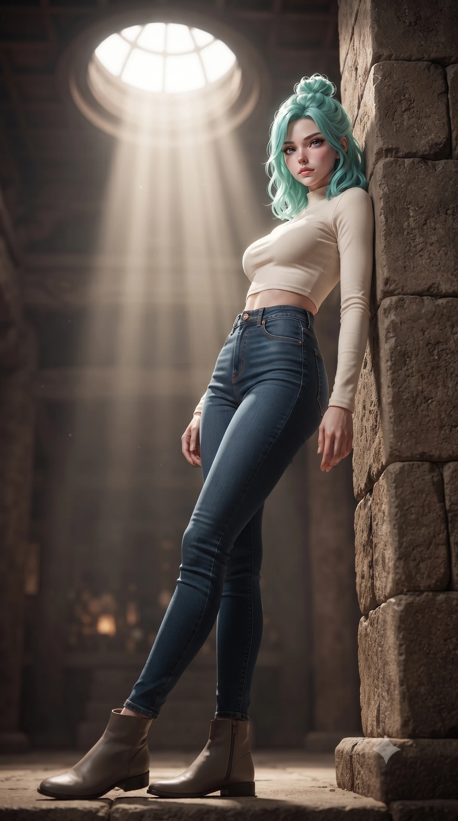 score_9, masterpiece, best quality, ultra-detailed, high-budget anime keyframe, editorial fashion photography, tasteful artistic composition, Japanese woman. low angle full-body shot from head to toe showing her feet, filling the entire 9:16 vertical frame with her statuesque presence, stretching her vertical silhouette. leaning back against a rustic stone wall, casting a slow, alluring gaze at the camera the background shows a soft-focus an ancient temple hall with starlight filtering through a circular ceiling oculus. She has an absolutely perfect, statuesque 8.5-heads proportion, an exceptionally tall and slender model-like female figure with impossibly long slender legs and an ultra-slim waist. sharp v-shaped jawline, high-bridge nose, intricate jewel-like eyes with depth, thick eyelashes, glossy lips with a natural sheen. wearing a tailored body-hugging long-sleeve crop top in cream cotton paired with high-waisted skinny jeans. volumetric sunbeam-like starlight shaft casting a dramatic key light. ultra-reflective glossy finish, specular highlights, metallic sheen, high-contrast stereoscopic depth, volumetric dynamic lighting, 2k, ultra detail, master piece, 9:16 ratio
