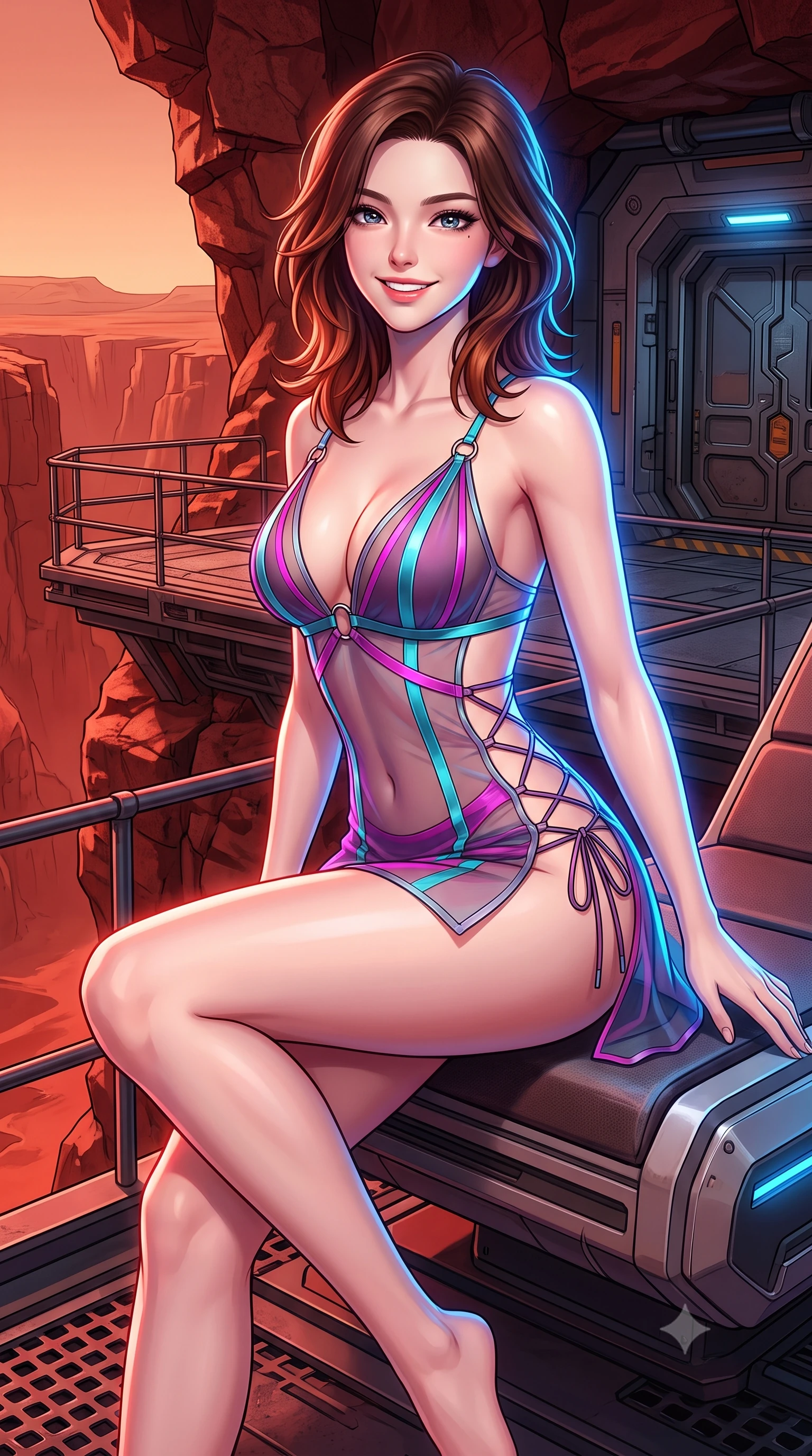 score_9, masterpiece, best quality, ultra-detailed, high-budget anime keyframe, semi-realistic 3D game render, editorial fashion photography, tasteful artistic composition, Korean woman. close-up cowboy shot from the waist and thighs up, the character dominates the composition, filling the frame with her large presence. perched sideways on the lounge seat, one knee drawn up to showcase her slender leg line while her arched back accentuates her feminine hip curve while standing poised on the reinforced blast terrace jutting over the colossal red chasms of Valles Marineris, arching her back with breathtaking anime heroine charisma. The surrounding environment is rendered in vivid detail and crisp panoramic clarity: sharp basalt rock fracture lines, oxidized iron red rock textures, and heavy industrial airlock seals in deep focus. She has an exceptionally elegant, slender, and willowy female figure with an ultra-slim waist, flat toned midriff, narrow ribcage, and sculpted feminine hips creating an alluring, slim hourglass silhouette without bulk. sharp v-shaped jawline, high-bridge nose, intricate jewel-like sparkling eyes with depth, thick eyelashes, glossy parted lips with a natural peach sheen, bright cheerful beaming smile with an enchanting and coquettish sensual glint, exuding both youthful cute charm and seductive allure, flawlessly proportioned anatomical accuracy, strict slender model proportions, natural body alignment, perfectly sculpted long slender limbs, ultra-slim waistline, clean dynamic posture without body distortion. wearing a plunge-front sheer illusion tulle combat slip dress with liquid platinum ribbon stripes hugging her curves in Kowloon neon magenta and electric teal, adorned with delicate chrome ring hardware and cutouts along her slender waist, featuring fine criss-cross lace-up side ties revealing tantalizing glimpses of her hip curve, the form-contouring silhouette accentuating her sculpted flat midriff, narrow delicate ribcage, and gracefully curvy hips with intoxicating allure. illuminated by red sand reflection bounce and sharp cobalt-blue laser rim lights sculpting her jawline, narrow waist, and curvy hips. highly saturated vibrant anime colors, detailed shading with soft gradients, rich glossy textures, high-contrast stereoscopic depth, volumetric dynamic lighting, master piece, 9:16 ratio