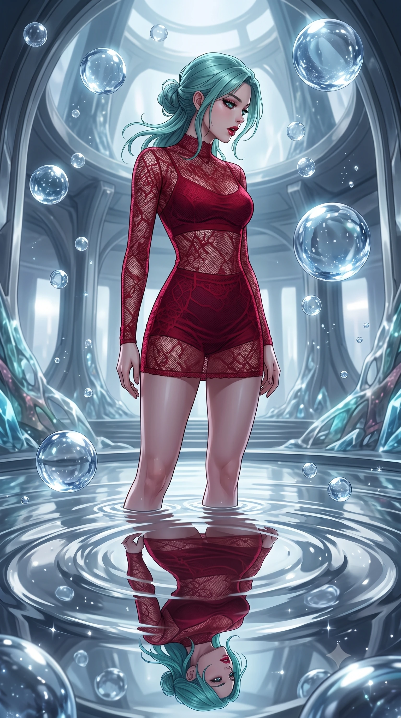 score_9, masterpiece, best quality, ultra-detailed, High-budget Anime Keyframe, East Asian woman. Low angle cowboy shot filling the entire 9:16 frame with her statuesque presence. Scenario 428: gazing at her reflection in a pool of liquid silver in a zero-gravity sanctuary filled with floating water spheres. Her presence is magnetic and overpowering in this high-budget anime scene. Outfit 428: a slim-fit crimson red micro-mesh lace mini dress worn over an opaque crop top and high-waisted shorts. The clothing is designed to emphasize her exceptionally tall and slender 8-heads proportion. 8-heads proportion, towering silhouette, ultra-slim waist. sharp v-shaped jawline, intricate jewel-like eyes with depth, thick eyelashes, glossy lips. 2k, ultra detail, master piece, 9:16 ratio
