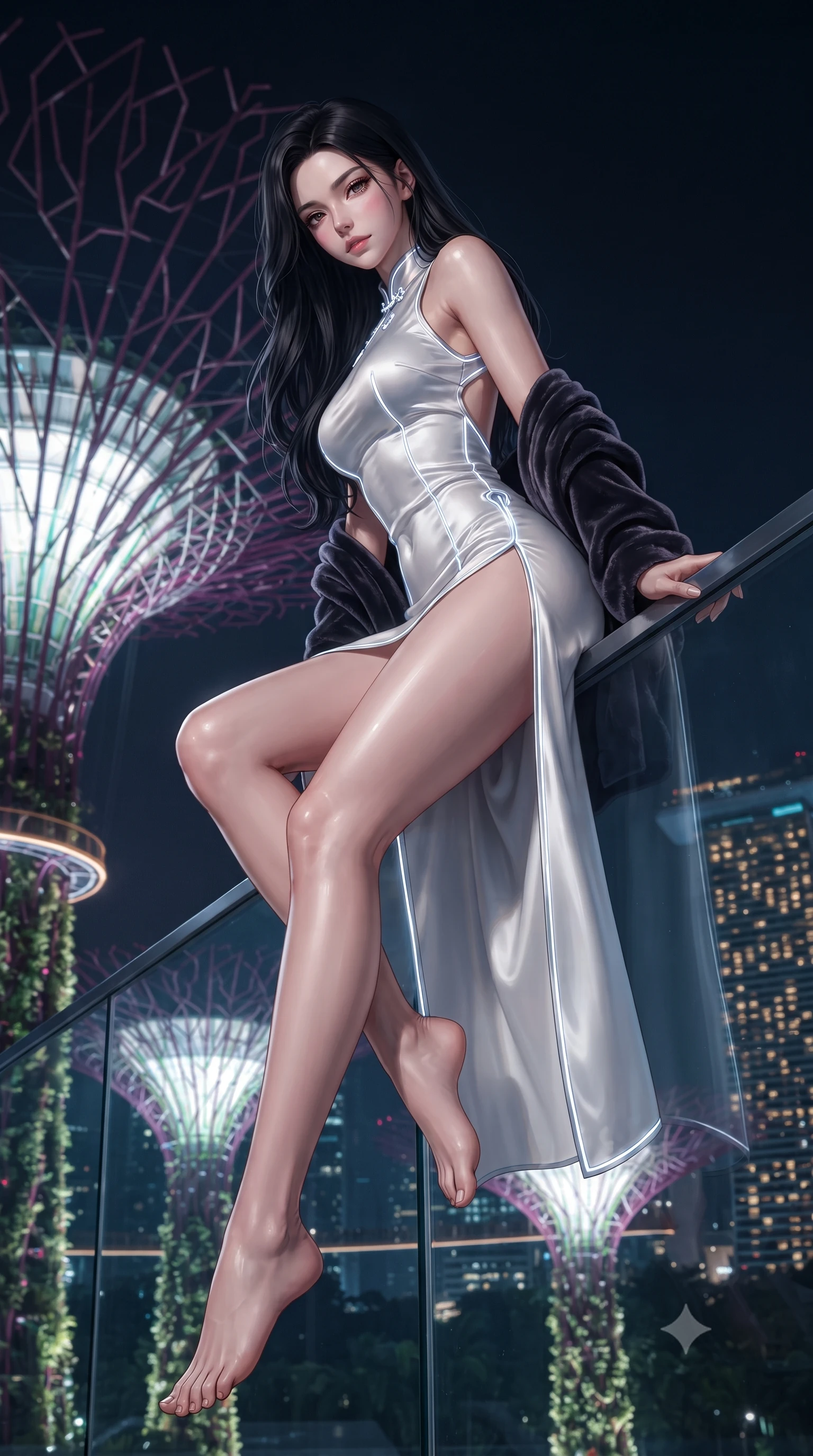 score_9, masterpiece, best quality, ultra-detailed, high-budget anime keyframe, editorial fashion photography, tasteful artistic composition, Korean woman. low angle full-body shot from head to toe showing her feet, filling the entire 9:16 vertical frame with her statuesque presence, stretching her vertical silhouette. sitting perched on the elevated edge with hips angled toward the camera and legs crossed, displaying her toned midriff and flawlessly sculpted slender limbs while leaning forward over the transparent skyway glass railing with hips cocked back, looking back over her shoulder as glowing supertree branches illuminate her curvy hips. The surrounding environment is rendered in vivid detail and crisp panoramic clarity. detailed high-tech fabric sheen, LED circuit lines, and distant skyscraper window grids in high resolution. She has an exceptionally tall and slender model-like 8.5-heads proportion, an ultra-slim waist, a flat toned midriff, narrow delicate ribcage, and beautifully sculpted feminine hips creating a graceful, slim hourglass silhouette without any bulky heaviness, with impossibly long slender legs. sharp v-shaped jawline, high-bridge nose, intricate jewel-like eyes with depth, thick eyelashes, glossy parted lips with a natural sheen, intensely captivating and seductive bedroom-eyes expression, flawlessly proportioned anatomical accuracy, strict slender model proportions, natural body alignment, perfectly sculpted long slender limbs, ultra-slim waistline, clean dynamic posture without body distortion. wearing a modernized cyber-qipao mini dress with an ultra-high side slit ascending to the hip and glowing piping in shimmering silver mercury and pearl white, tailored from smooth liquid silk satin adhering seamlessly to her skin, complemented by a plush velvet shawl draped loosely over her elbows, the precision-cut side openings and low-back scoop framing her graceful spine and the sensual sweep of her slim, toned hips. surrounded by a visionary, electrifying, and breathlessly magnificent eco-metropolis queen aura. ultra-reflective glossy finish, specular highlights, rich textural contrasts, high-contrast stereoscopic depth, volumetric dynamic lighting, 2k, ultra detail, master piece, 9:16 ratio
