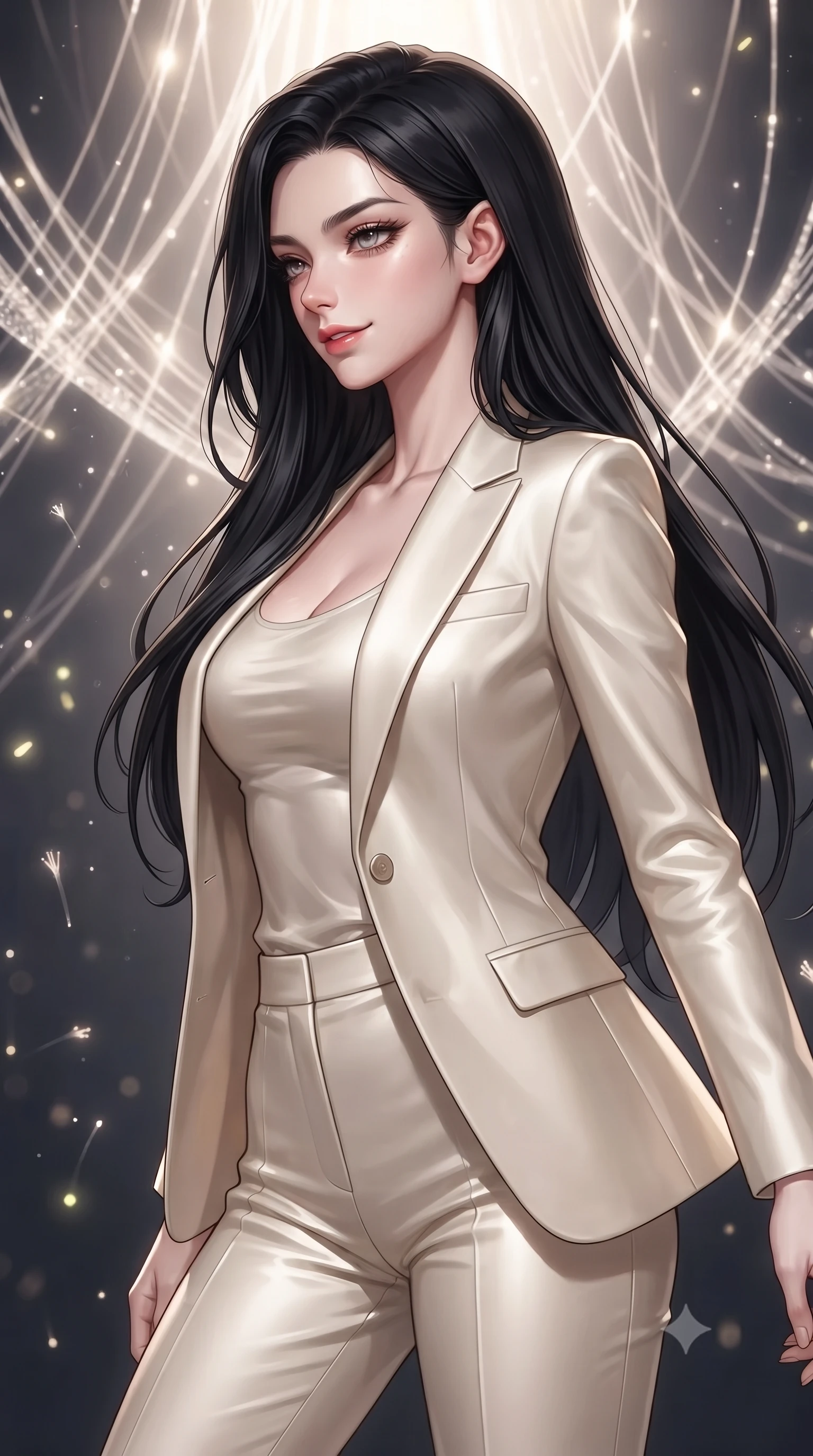 score_9, masterpiece, best quality, ultra-detailed, high-budget anime keyframe, editorial fashion photography, tasteful artistic composition, Korean woman. close-up cowboy shot from the waist and thighs up, the character dominates the composition, filling the frame with her large presence, background elements kept in soft focus. Glancing sidelong over her shoulder with a smoldering half-smile and heavy lashes touching a cluster of luminescent filament threads casting brilliant lattice beams, glowing fiber optic motes drifting like fireflies in the background. She has an exceptionally elegant, slender, and willowy female figure with an ultra-slim waist, a gracefully sculpted slender torso, and a refined silhouette. sharp v-shaped jawline, high-bridge nose, intricate jewel-like eyes with depth, thick eyelashes, glossy lips with a natural sheen. wearing a tailored cream silk blazer over a form-contouring scoop-neck top and fitted trousers, the sleek second-skin texture accentuating her magnetic presence. lit by intense fiber optic light rays creating stunning contrast and depth. ultra-reflective glossy finish, specular highlights, metallic sheen, high-contrast stereoscopic depth, volumetric dynamic lighting, 2k, ultra detail, master piece, 9:16 ratio