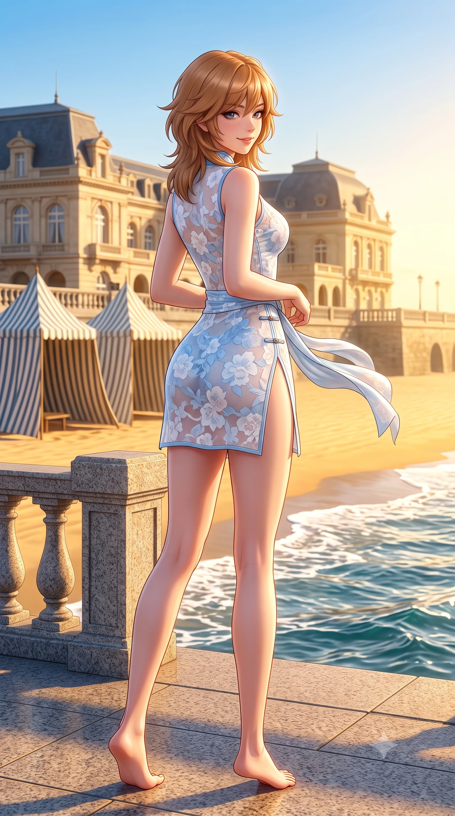 score_9, masterpiece, best quality, ultra-detailed, high-budget anime keyframe, semi-realistic 3D game render, editorial fashion photography, tasteful artistic composition, Korean woman. low angle full-body shot from head to toe showing her feet, filling the entire 9:16 vertical frame with her statuesque presence, stretching her vertical silhouette. posing with back turned slightly to the lens, glancing back with an enchanting, playful smile as she arches her lower back to emphasize her sculpted feminine hips and slender waist while turning in an alluring S-curve as ocean trade winds whip her silk wrap skirt, gazing toward the historic casino palace with parted glossy lips. The surrounding environment is rendered in vivid detail and crisp panoramic clarity. sharp granite promenade balustrades, striped canvas tent textures, and ocean wave crest caustics in deep focus. She has an exceptionally tall and slender model-like 8.5-heads proportion, an ultra-slim waist, a flat toned midriff, narrow delicate ribcage, and beautifully sculpted feminine hips creating a graceful, slim hourglass silhouette without any bulky heaviness, with impossibly long slender legs. sharp v-shaped jawline, high-bridge nose, intricate jewel-like sparkling eyes with depth, thick eyelashes, glossy parted lips with a natural peach sheen, bright cheerful beaming smile with an enchanting and coquettish sensual glint, exuding both youthful cute charm and seductive allure, flawlessly proportioned anatomical accuracy, strict slender model proportions, natural body alignment, perfectly sculpted long slender limbs, ultra-slim waistline, clean dynamic posture without body distortion. wearing a modern cute qipao mini dress with double side slits ascending to the hip in pastel floral silk in soft baby blue and crisp cloud white, made of sheer contouring stretch lace with delicate floral patterns, finished with neat front wooden buttons and delicate pocket details, the form-contouring cut accentuating her sculpted flat midriff, narrow delicate ribcage, and gracefully curvy hips with supermodel precision. bathed in brilliant golden hour Atlantic sunlight and intense golden sand bounce fill. highly saturated vibrant anime colors, detailed shading with soft gradients, rich glossy textures, high-contrast stereoscopic depth, volumetric dynamic lighting, master piece, 9:16 ratio
