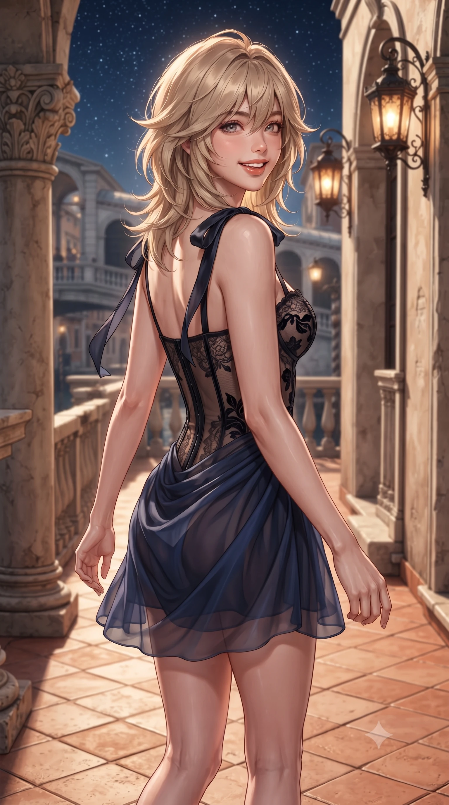 score_9, masterpiece, best quality, ultra-detailed, high-budget anime keyframe, editorial fashion photography, tasteful artistic composition, Japanese woman. close-up cowboy shot from the waist and thighs up, the character dominates the composition, filling the frame with her large presence. posing in an alluring rear three-quarter angle, looking over a bare shoulder with parted glossy lips, her hips cocked back to highlight her slim hourglass curve while walking slowly across the terracotta patio with poised model strides, evening breezes molding her sheer dress to her hourglass curves. The surrounding environment is rendered in vivid detail and crisp panoramic clarity: detailed sheer mesh catsuit velvet appliqués, narrow waist contours, and historic revival stonework in high resolution. She has an exceptionally elegant, slender, and willowy female figure with an ultra-slim waist, flat toned midriff, narrow ribcage, and sculpted feminine hips creating an alluring, slim hourglass silhouette without bulk. sharp v-shaped jawline, high-bridge nose, intricate jewel-like sparkling eyes with depth, thick eyelashes, glossy parted lips with a natural peach sheen, bright cheerful beaming smile with an enchanting and coquettish sensual glint, exuding both youthful cute charm and seductive allure, flawlessly proportioned anatomical accuracy, strict slender model proportions, natural body alignment, perfectly sculpted long slender limbs, ultra-slim waistline, clean dynamic posture without body distortion. wearing a sculpted semi-sheer bustier dress in black lace with exposed boning and a draped chiffon mini skirt in moonlit Grand Canal sapphire navy and liquid platinum, crafted from translucent silk organza with an ethereal crystalline sheen, finished with satin ribbon ties at the shoulders fluttering in the gentle breeze, the glove-like clinging cut tightly following the natural contour of her hips and long slender legs with youthful 8.5-heads elegance. bathed in the warm, intimate glow of outdoor iron lantern sconces mixed with clear starlight. ultra-reflective glossy finish, specular highlights, rich textural contrasts, high-contrast stereoscopic depth, volumetric dynamic lighting, 2k, ultra detail, master piece, 9:16 ratio