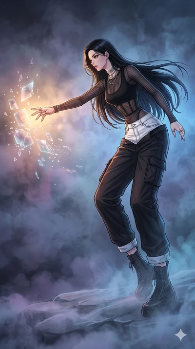 score_9, masterpiece, best quality, ultra-detailed, high-budget anime movie keyframe, cinematic anime lighting, intricate line art, Caucasian (strictly human ears) woman. Dynamic full-body shot stretching the vertical silhouette with extreme perspect