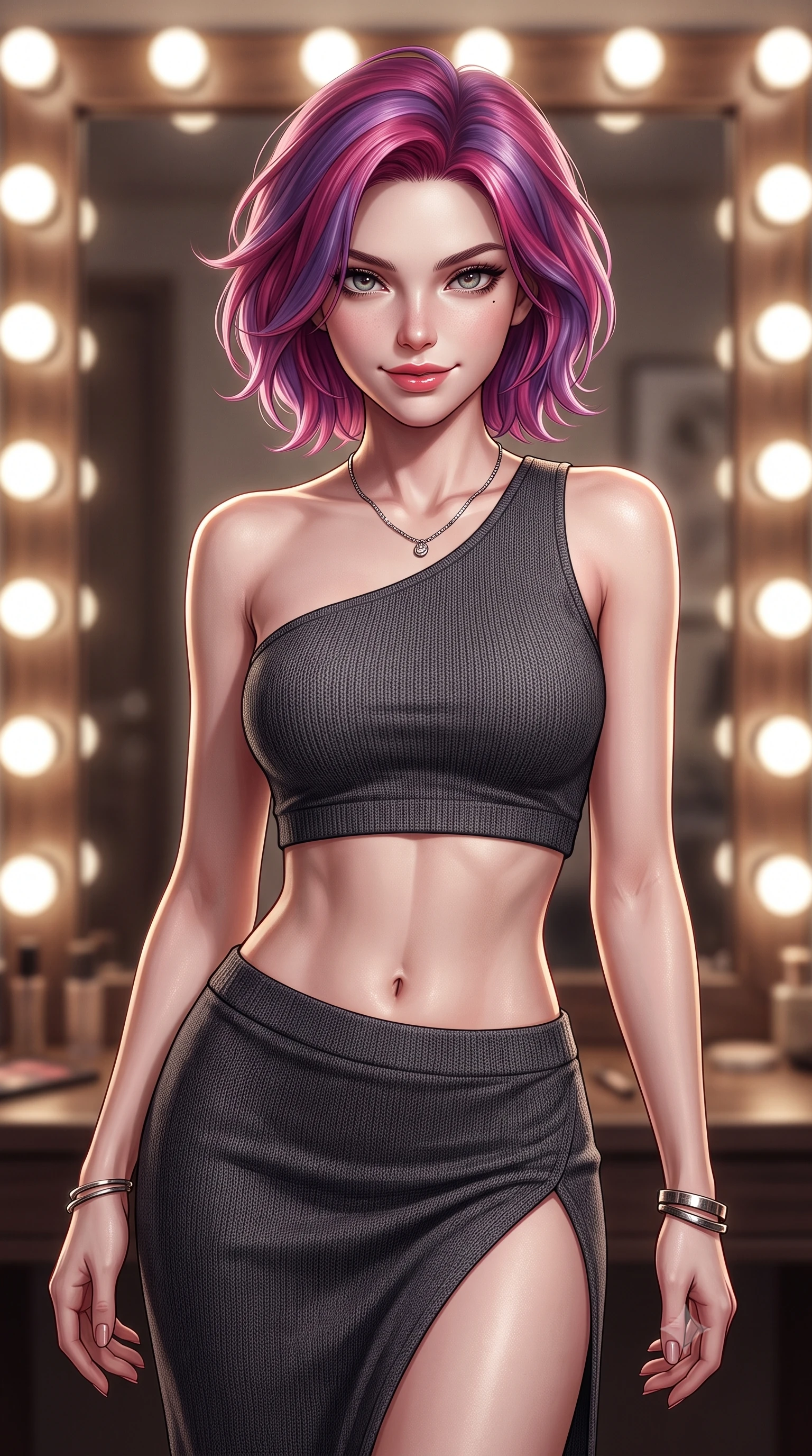 score_9, masterpiece, best quality, ultra-detailed, high-budget anime keyframe, editorial fashion photography, tasteful artistic composition, Caucasian woman. close-up cowboy shot from the waist and thighs up, the character dominates the composition, filling the frame with her large presence, background elements kept in soft focus. leaning slightly forward with a playful, teasing smile, her gaze locked onto the viewer the background shows a soft-focus a vintage dressing vanity room with a large mirror bordered by round lightbulbs. She has an exceptionally elegant, slender, and willowy female figure with an ultra-slim waist, a gracefully sculpted slender torso, and a refined silhouette. sharp v-shaped jawline, high-bridge nose, intricate jewel-like eyes with depth, thick eyelashes, glossy lips with a natural sheen. wearing a body-hugging asymmetric one-shoulder crop top in charcoal knit, paired with a high-slit skirt. bright vanity spotlights casting detailed front lighting with soft back shadow. ultra-reflective glossy finish, specular highlights, metallic sheen, high-contrast stereoscopic depth, volumetric dynamic lighting, 2k, ultra detail, master piece, 9:16 ratio